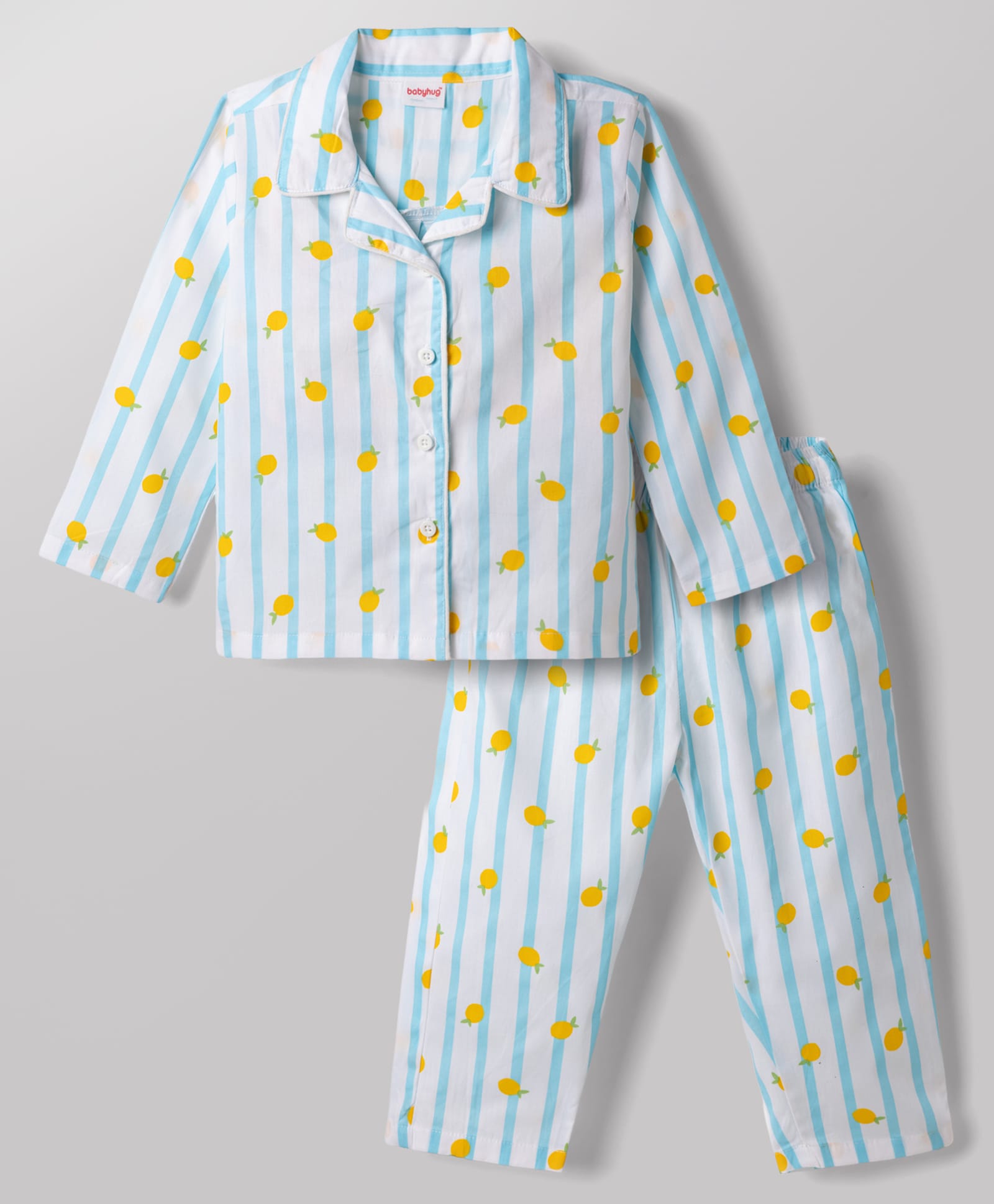 Babyhug Cotton Knit Full Sleeves Striped & Tropical Theme Printed Co-Ords Shirt & Pyjama Night Suit - Light Blue-image-27