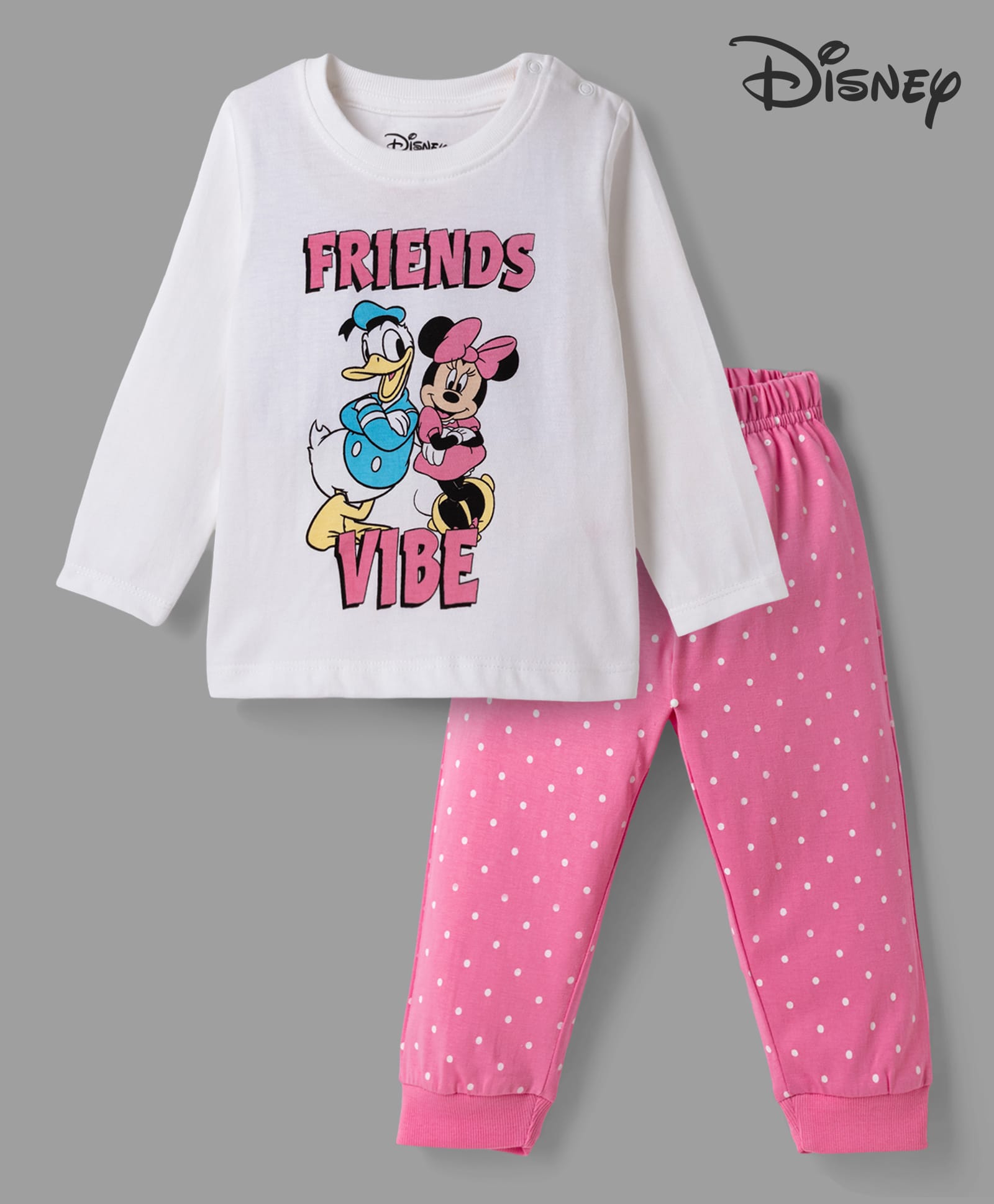 Babyhug Disney Single Jersey Knit Full Sleeves T-shirt & Pyjama Night Suit With Minnie Mouse & Donald Duck Graphic & Polka Dot Print - Pink-image-16