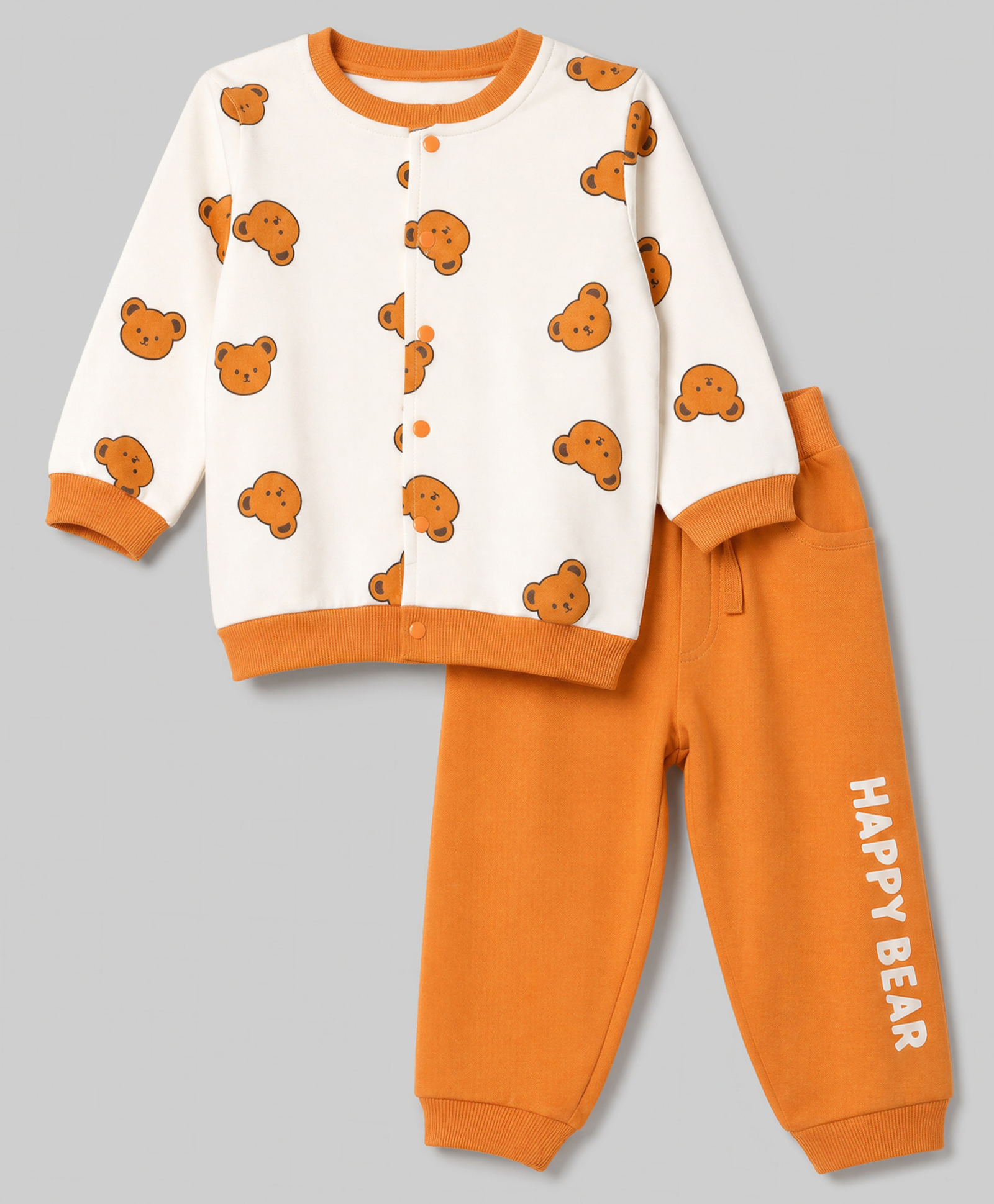 Doodle Poodle 100% Cotton Looper Terry Knit Full Sleeves Front Open Winter Wear Suits With Bear & Text Print - Light Brown-picture-32