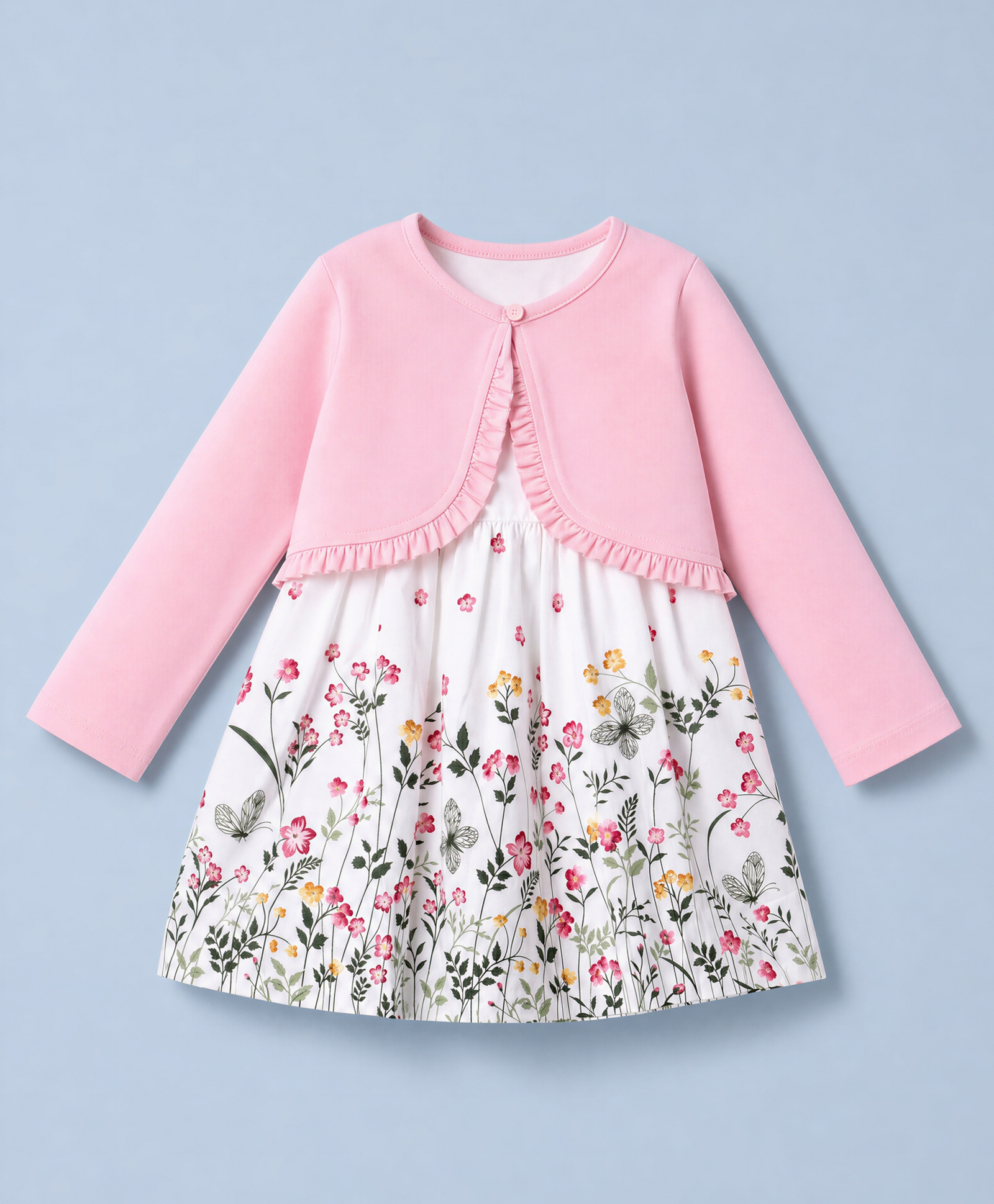 Babyhug Poplin Woven Frock and Full Sleeve Shrug with Floral Print - White & Pink-image-35