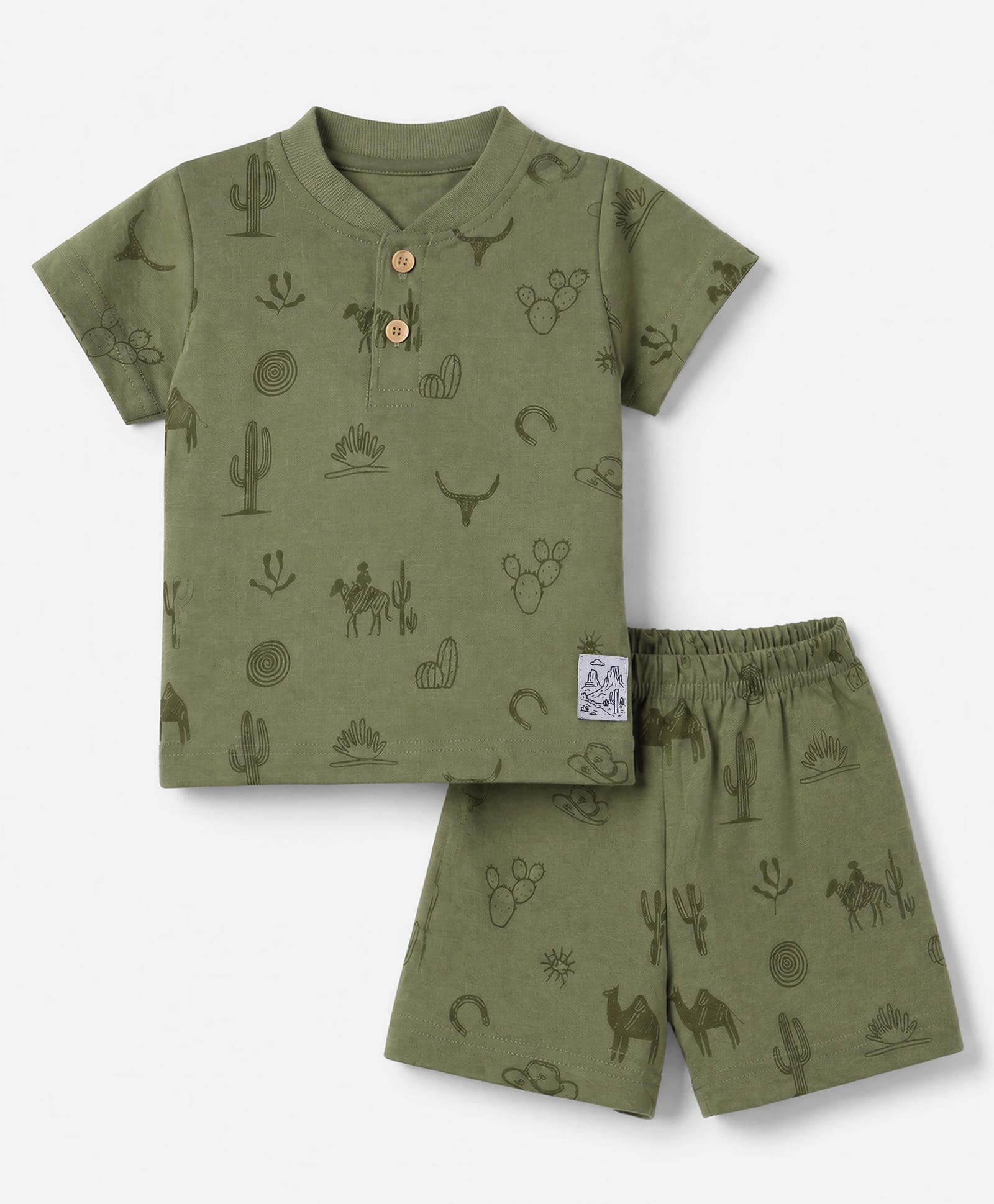 Zero Sinker Knit Half sleeves Co-ords T-Shirt & Shorts With Cactus Print - Olive Green-picture-27