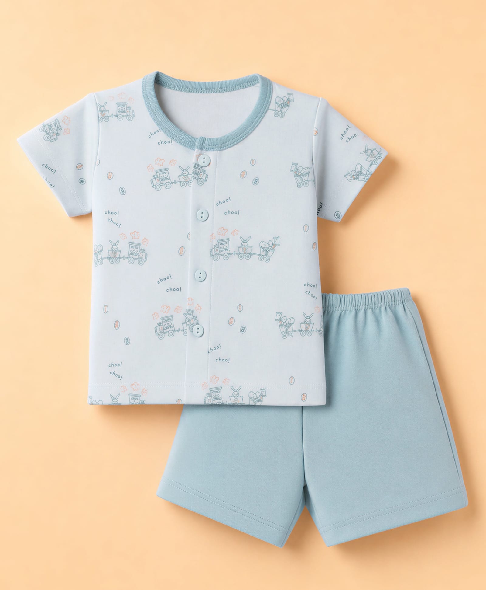Zero Sinker Knit Half sleeves T-Shirt & Shorts Set With Train Print - Light Blue-picture-33