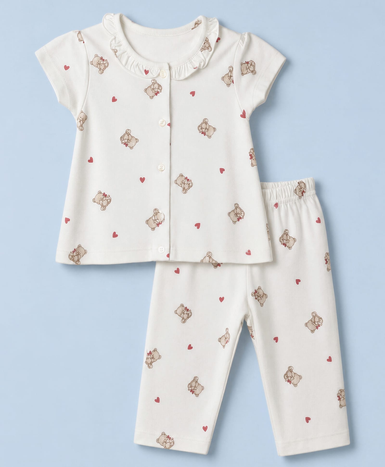 Zero Sinker Knit Half sleeves Top & Pant Co-ords With Teddy Bear & Heart Print - OffWhite-picture-9