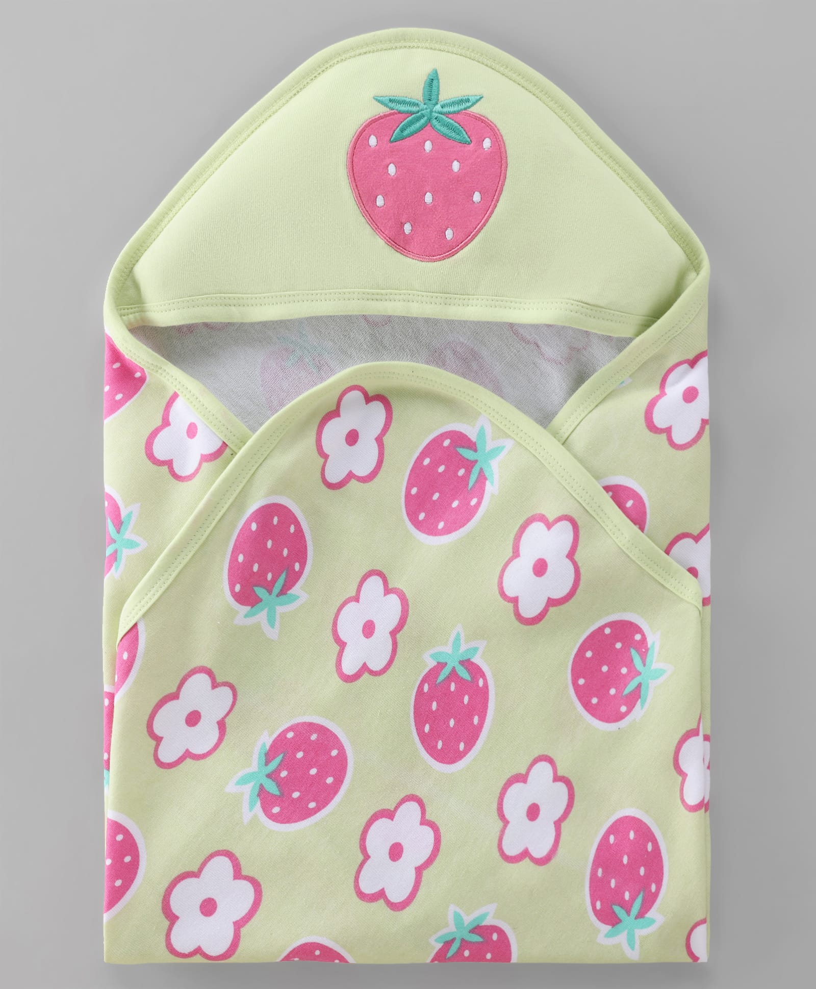Babyhug Terry Cotton Knit Hooded Towel With Embroidered Strawberry L 74.5 x B 77 cm - Light Green-image-49