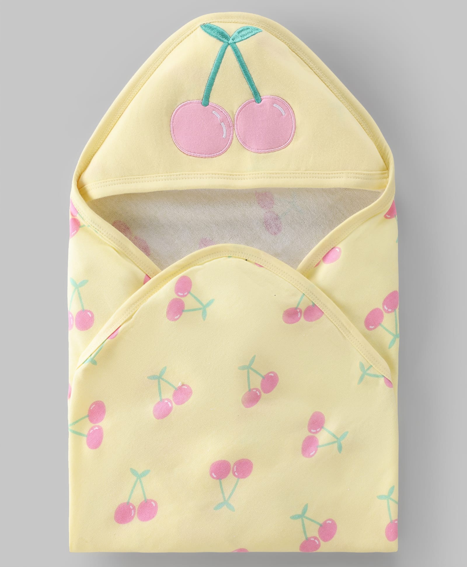 Babyhug Terry Cotton Knit Hooded Towel With Embroidered Cherry L 79 x B 75 cm - Lemon-image-9