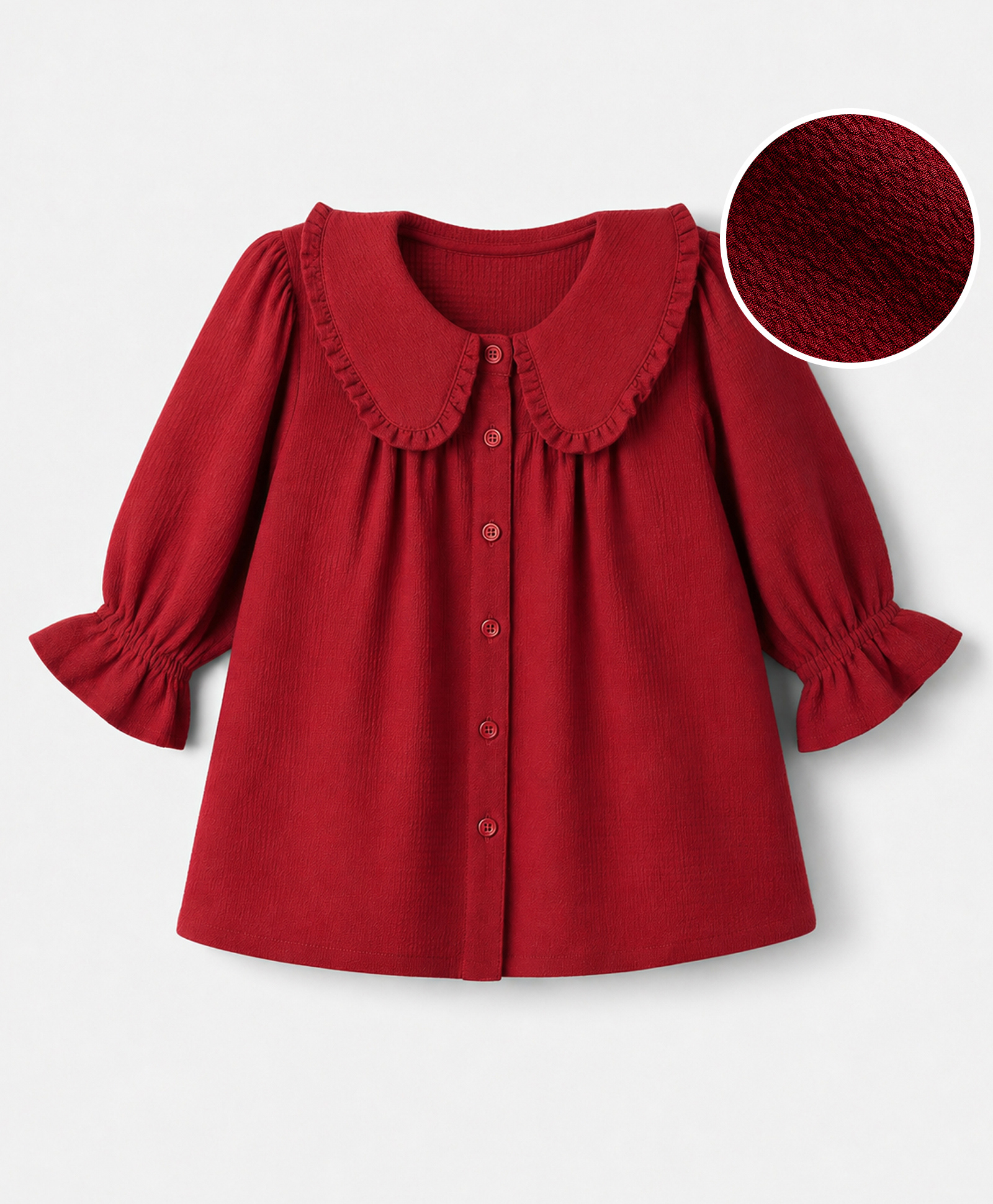 Pine Kids Woven Full Sleeves and Frill Cuffs Solid Colour Top with Peter Pan Collar - Maroon-image-8