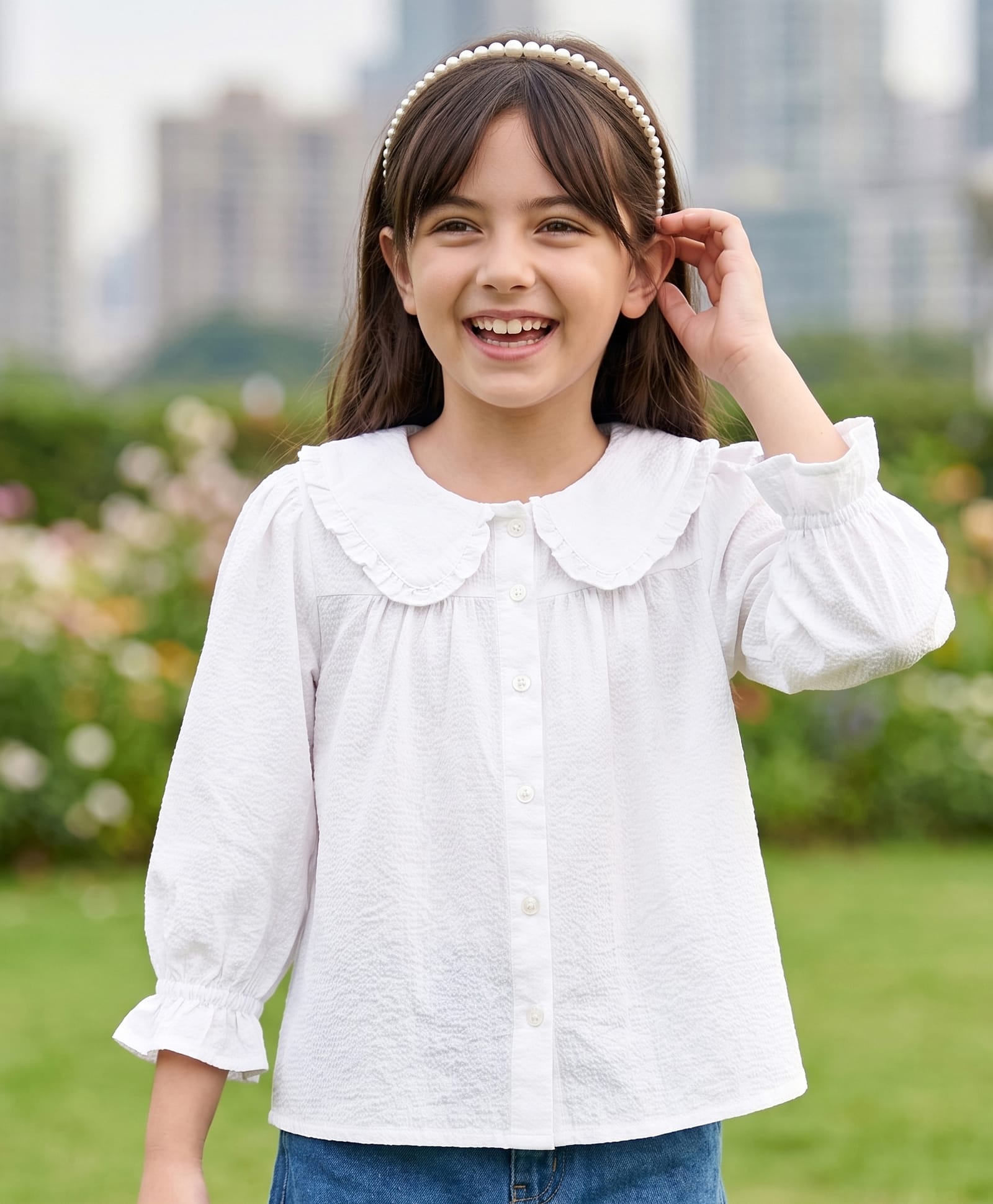 Pine Kids Woven Full Sleeves and Frill Cuffs Solid Colour Top with Peter Pan Collar - White-picture-12