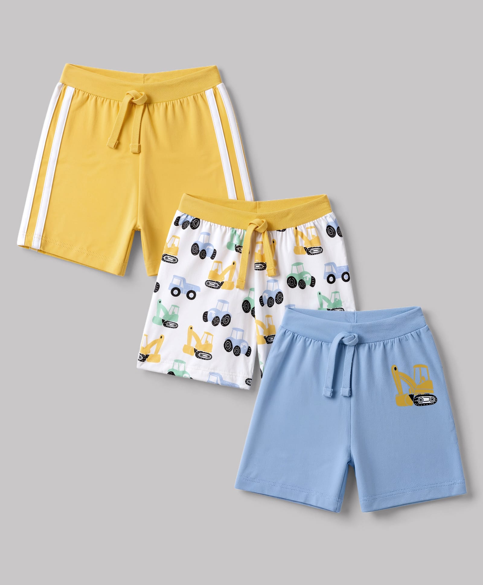 Babyhug Single Jersey Cotton Knit Mid Thigh Shorts Set of 3 With Vehicle Print - Yellow, Blue & White-image-12