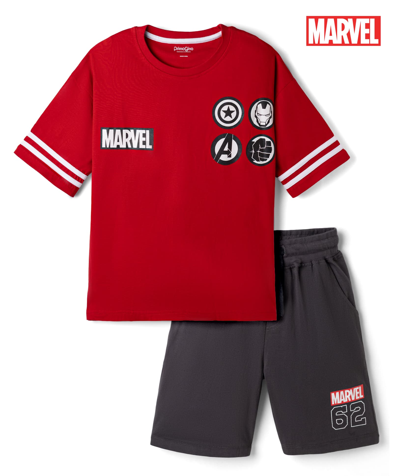 Primo Gino Marvel Single Jersey Knit Half Sleeves T-Shirt & Shorts Night Suit with Avenger Graphics - Red-image-32