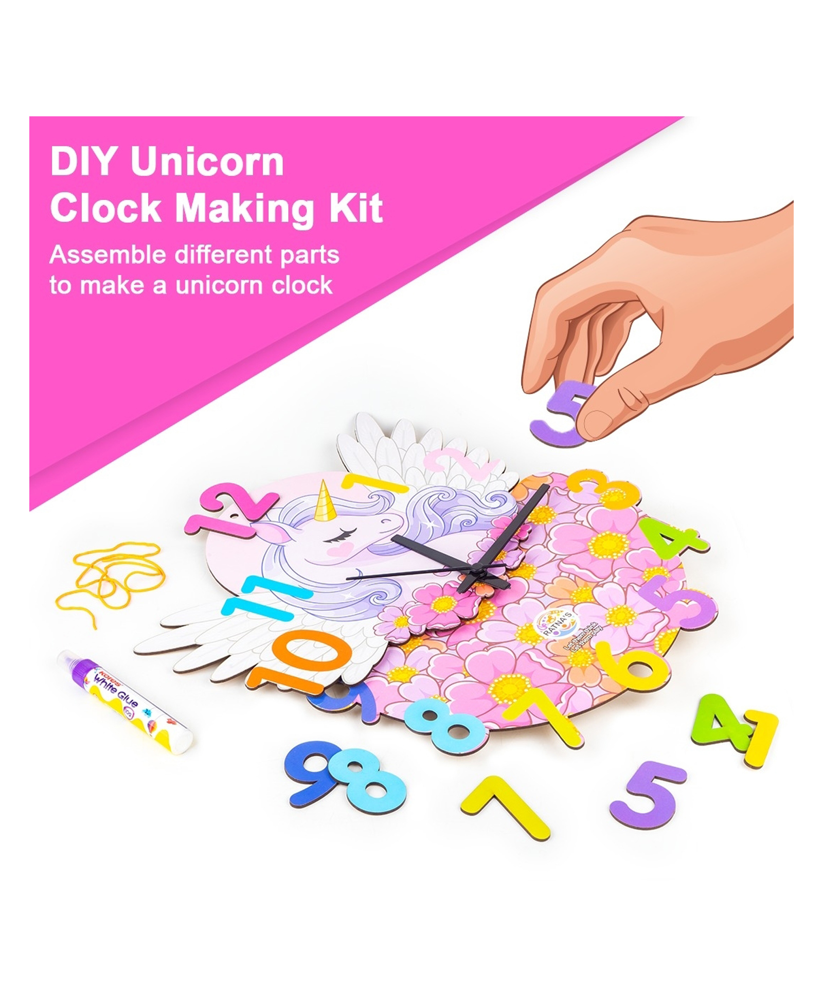 Ratnas Unicorn Clock Making Kit | DIY Wooden Clock Craft Kit | Educational MDF Activity Kit for Kids 5+ Years - Multicolor-picture-24