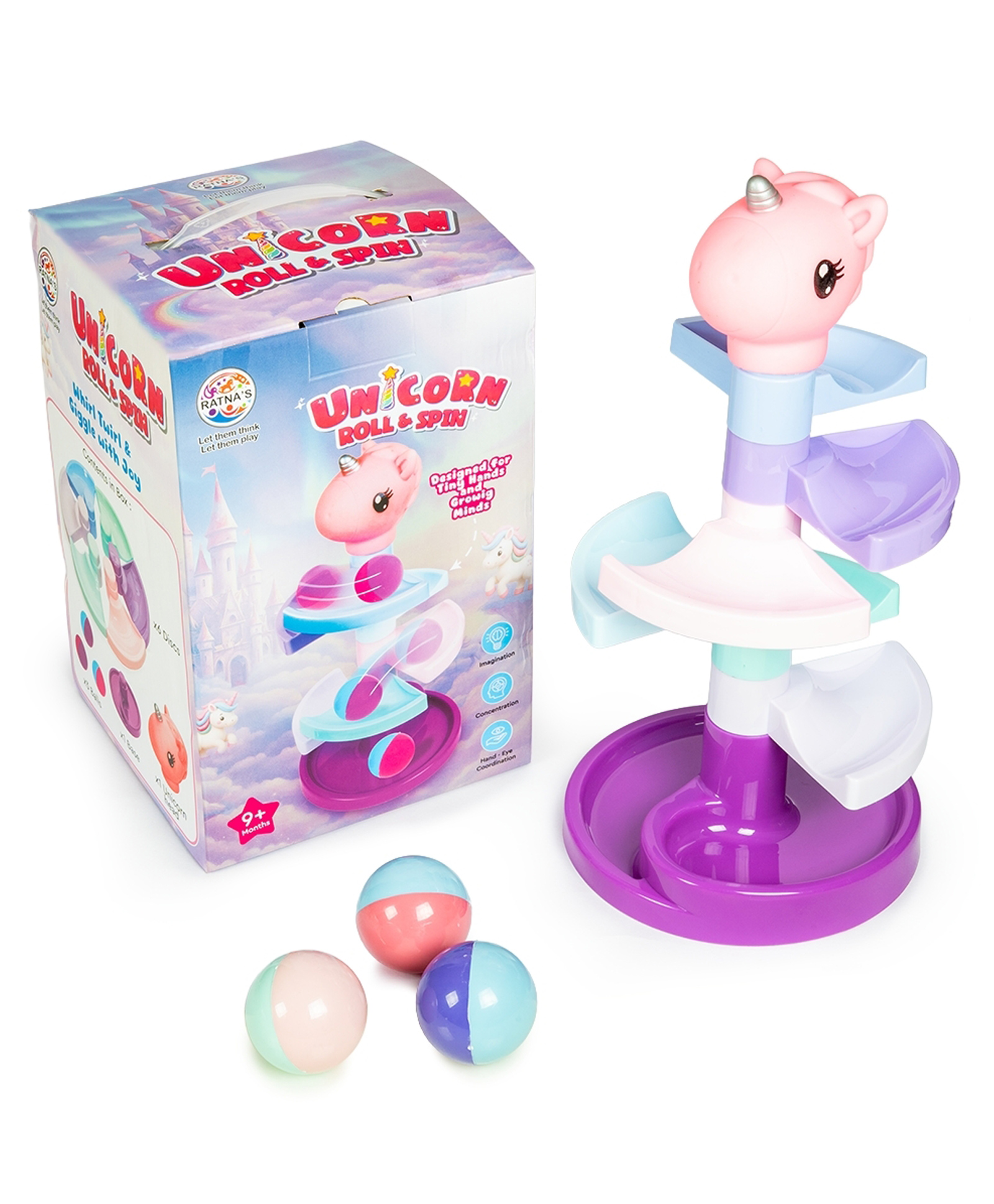 Ratnas Unicorn Roll & Spin Ball Drop Toy with Spiral Track, 3 Balls & Colorful Discs - Multicolor-picture-10