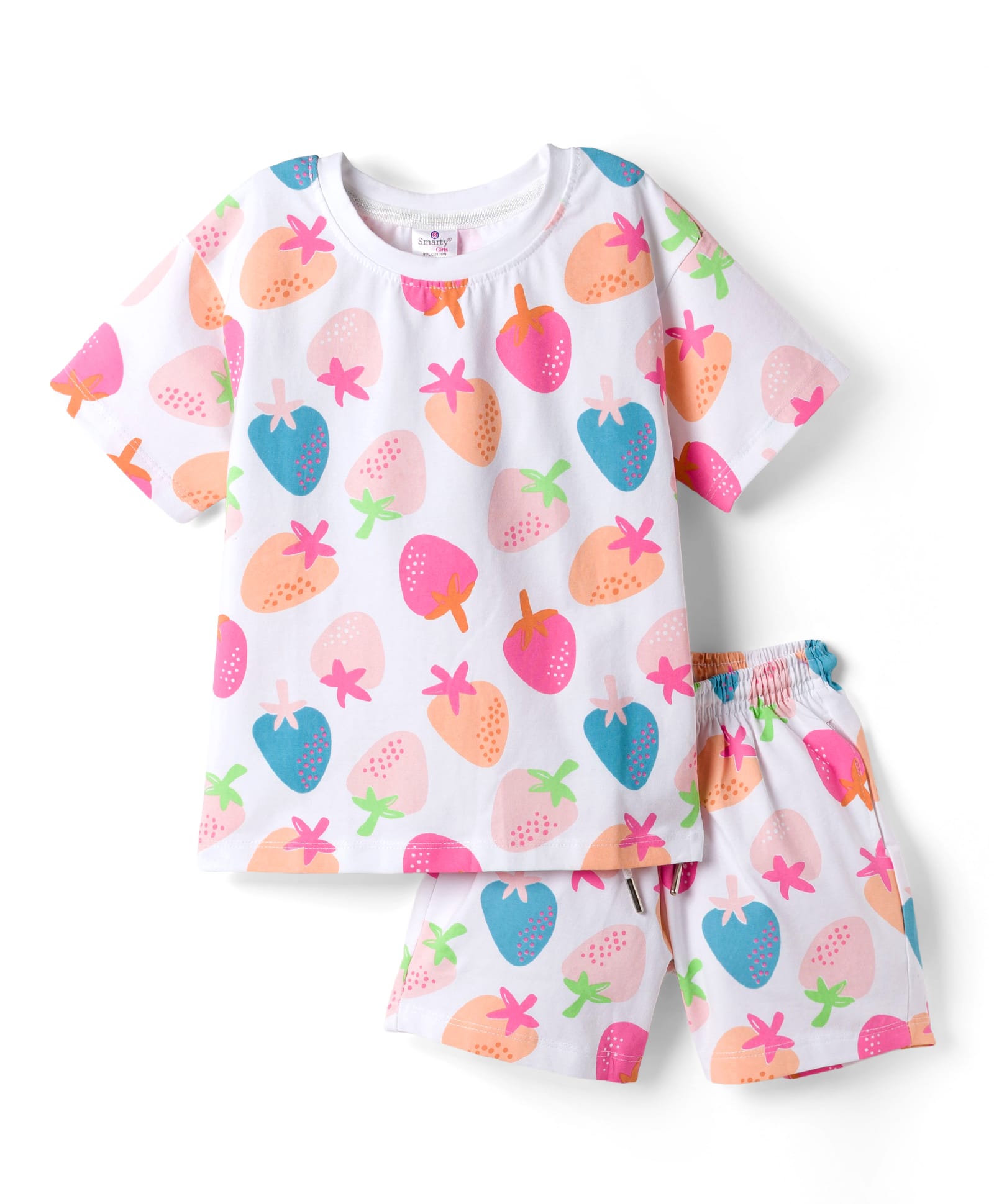 Smarty Knit Half Sleeves T-Shirt & Shorts Co-ords Night Suit with Strawberry Print - White-image-33