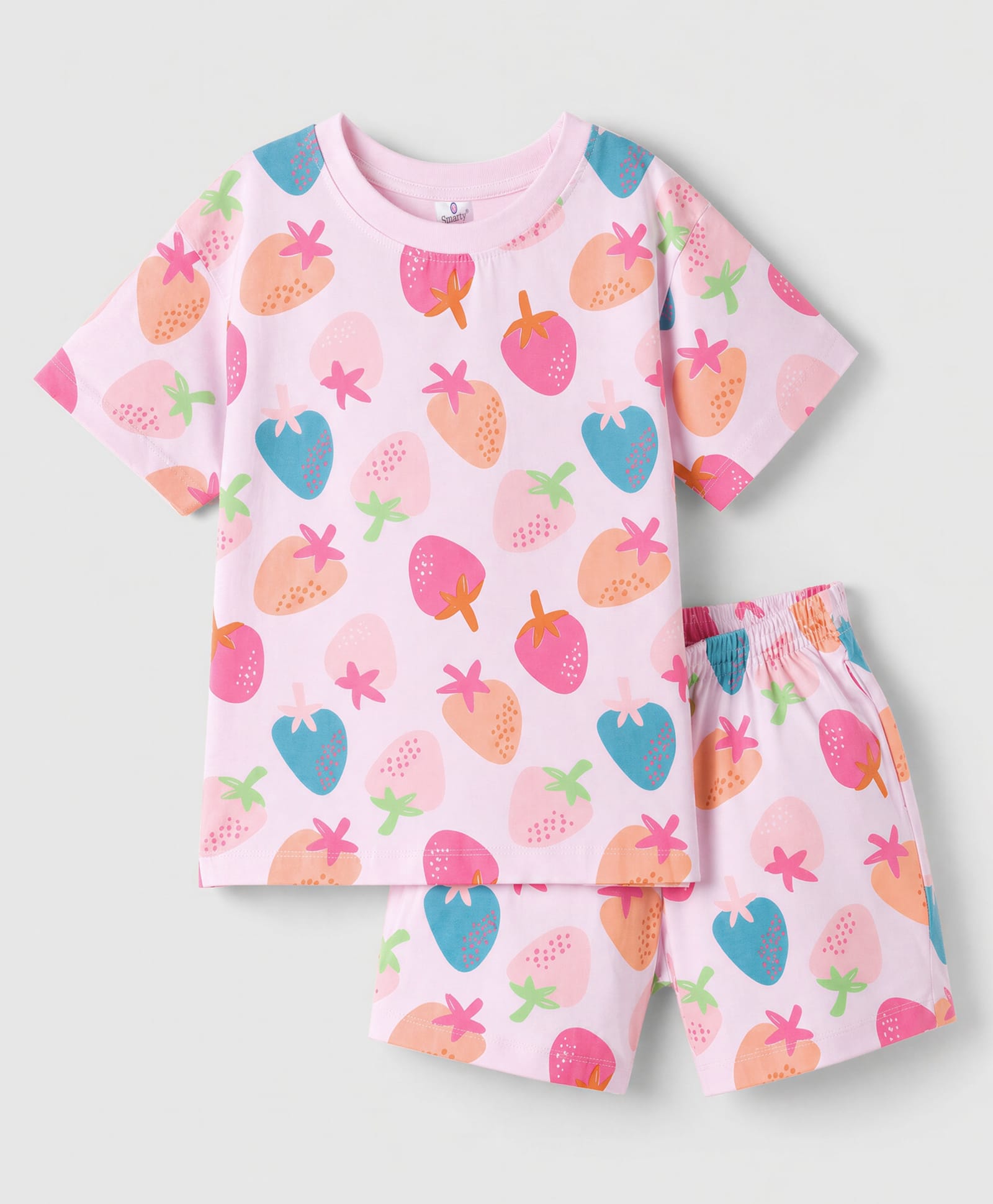 Smarty Girls Knit Half Sleeves Strawberry Printed Co-Ords T-Shirt & Shorts Night Suit - Baby Pink-picture-21
