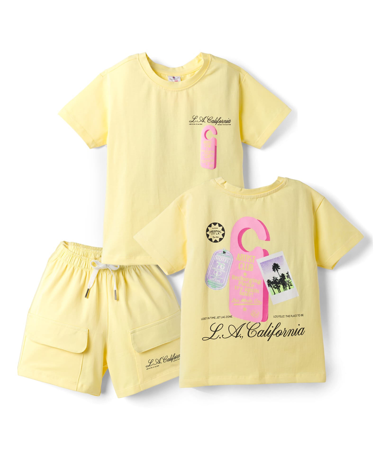 Smarty Girls Knitted Half sleeves T-Shirt & Shorts Night Suit with California Print - Yellow-image-41