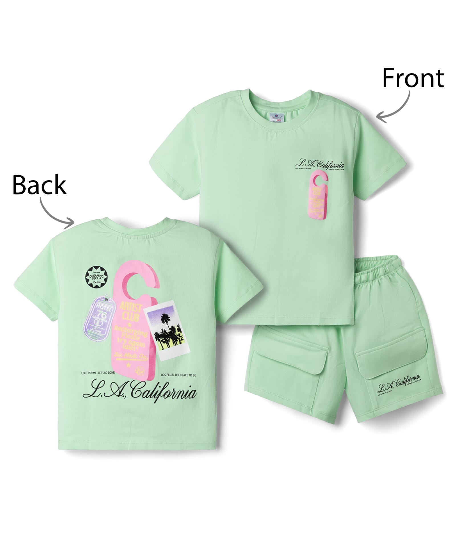 Smarty Girls Knit Half Sleeves Front & Back California Printed T-Shirt & Shorts Night Suit - Light Green-picture-19