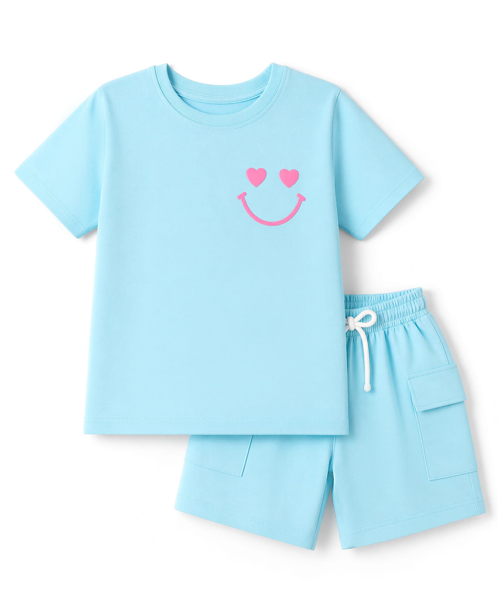 Smarty Girls Knit Half Sleeves T-Shirt & Shorts Night Suit with Smiley Print - Light Blue-picture-16