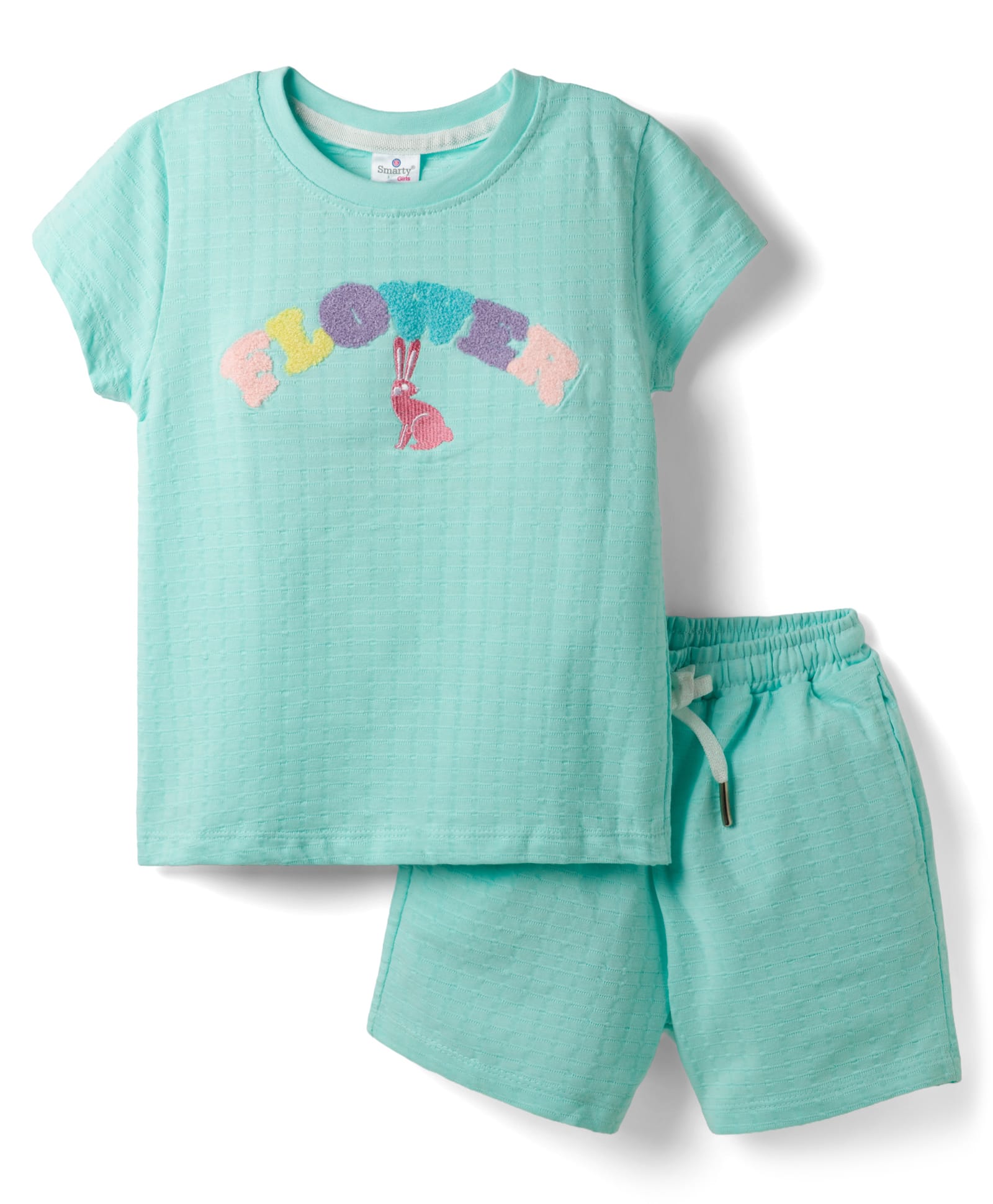 Smarty Girls Knit Half Sleeves Text Embroidered T-Shirt & Shorts Night Suit - Aqua Blue-picture-13