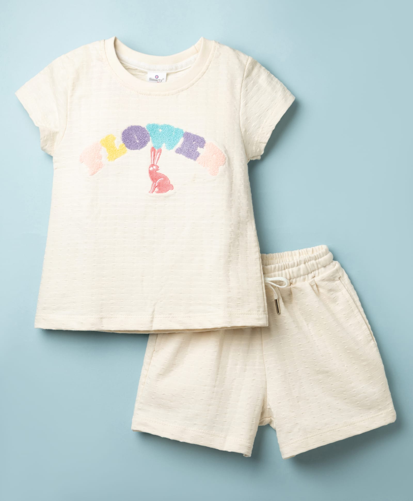 Smarty Girls Knitted Bunny Embroidered T-Shirt & Shorts Night Suit - Cream-image-43