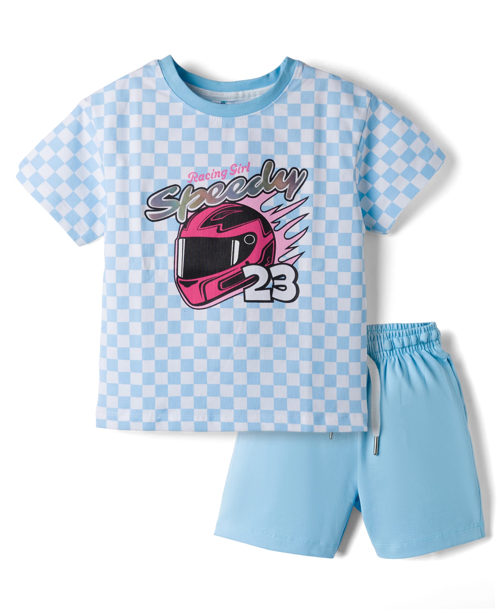 Smarty Girls Knit Half Sleeves Text Printed T-Shirt & Shorts Night Suit with Checks - Aqua Blue-image-1