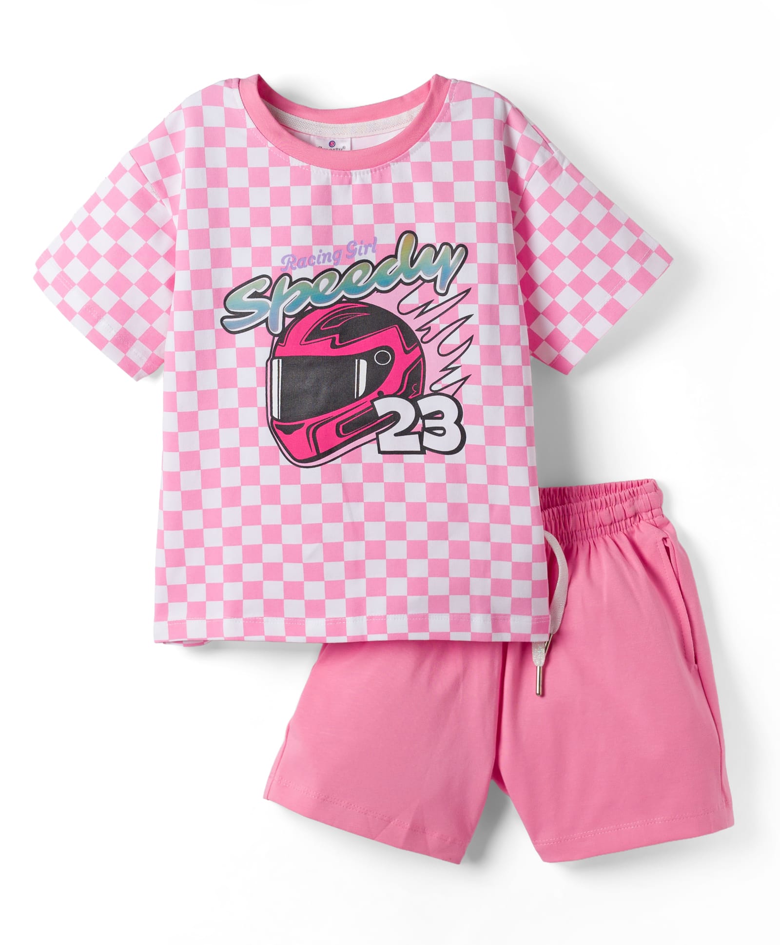 Smarty Girls Knitted Half sleeves T-Shirt & Shorts Night Suit with Speedy Print - Pink-image-44