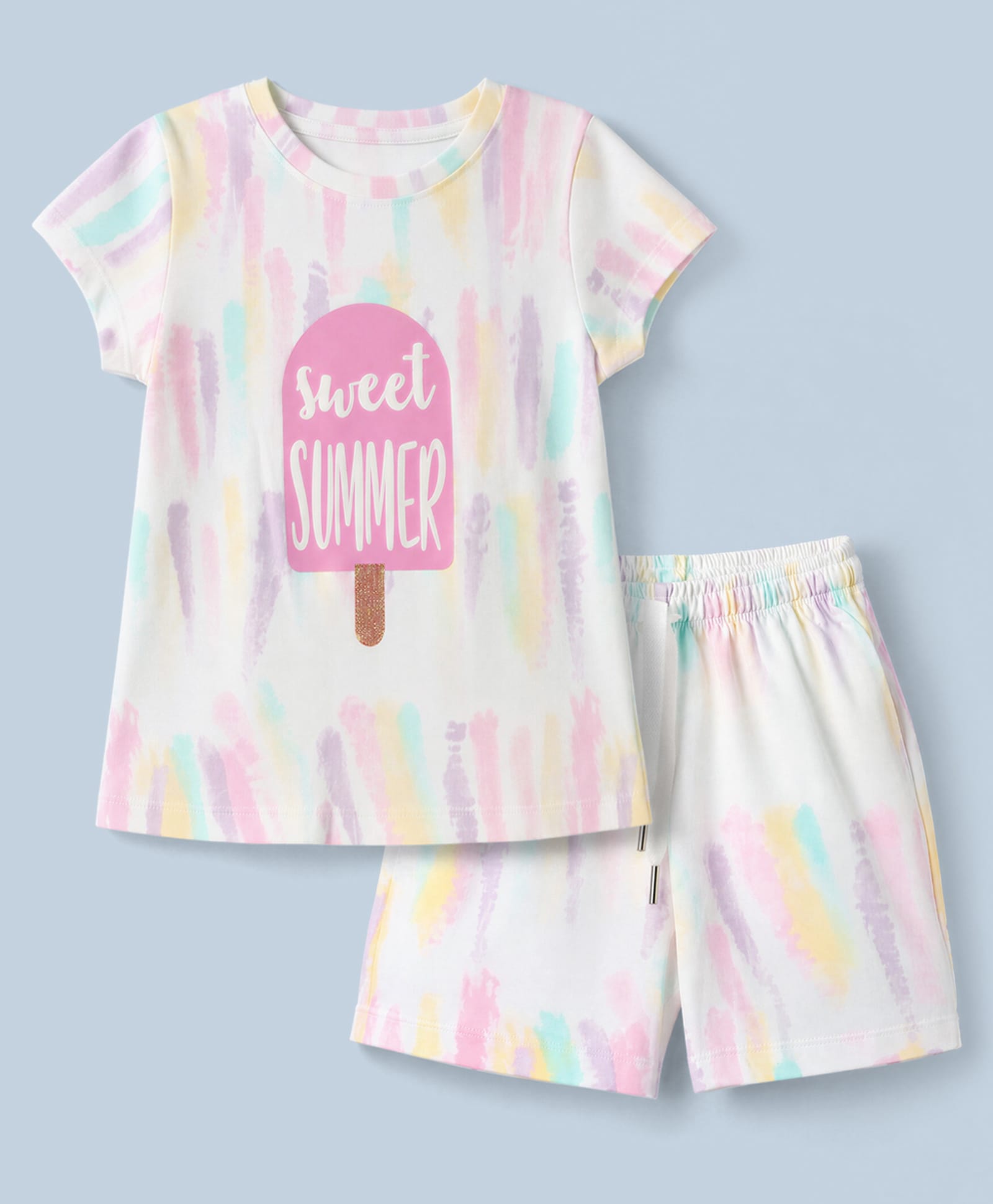 Smarty Girls Knit Half Sleeves T- Shirt & Shorts Night Suit with Sweet Summer Ice-Cream Print - White-picture-7