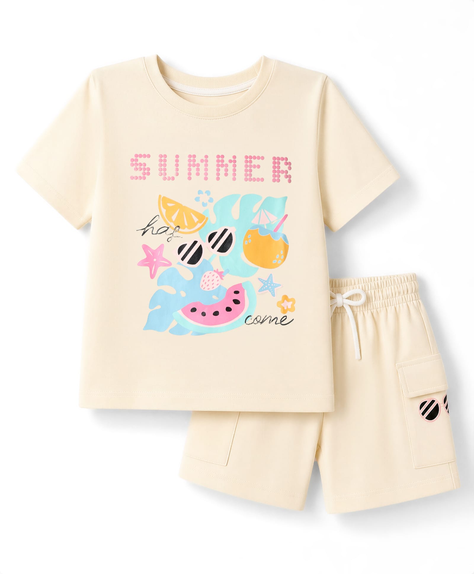 Smarty Girls Knit Half Sleeves T-Shirt & Shorts Night Suit with Summer Print - Cream-image-45
