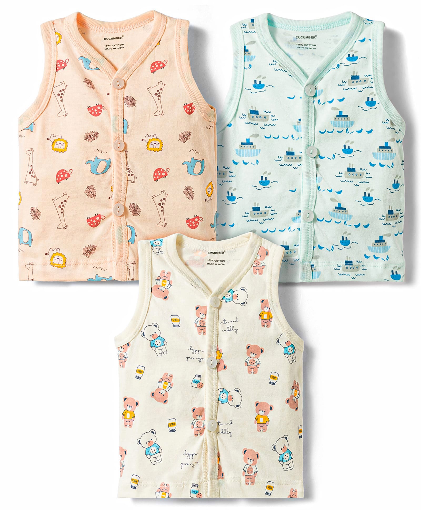 CUCUMBER Sinker Knit Sleeveless Bear & Boat Printed Jhablas Pack of 3 - Peach & Light Blue-picture-26