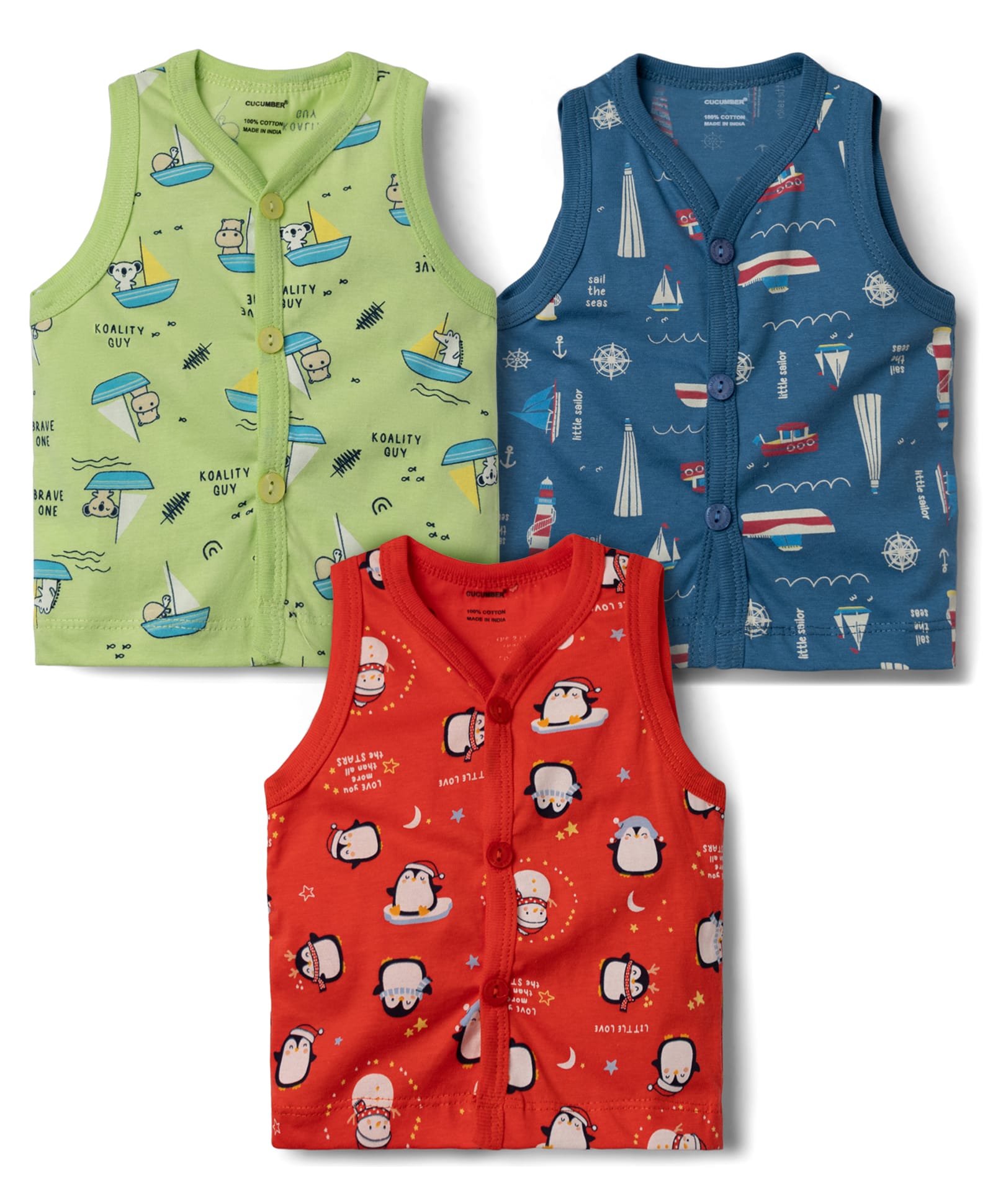 CUCUMBER Sinker Knit Sleeveless Jhablas with Bear Penguin & Boat Print Pack of 3 - Navy Red & Green-picture-36