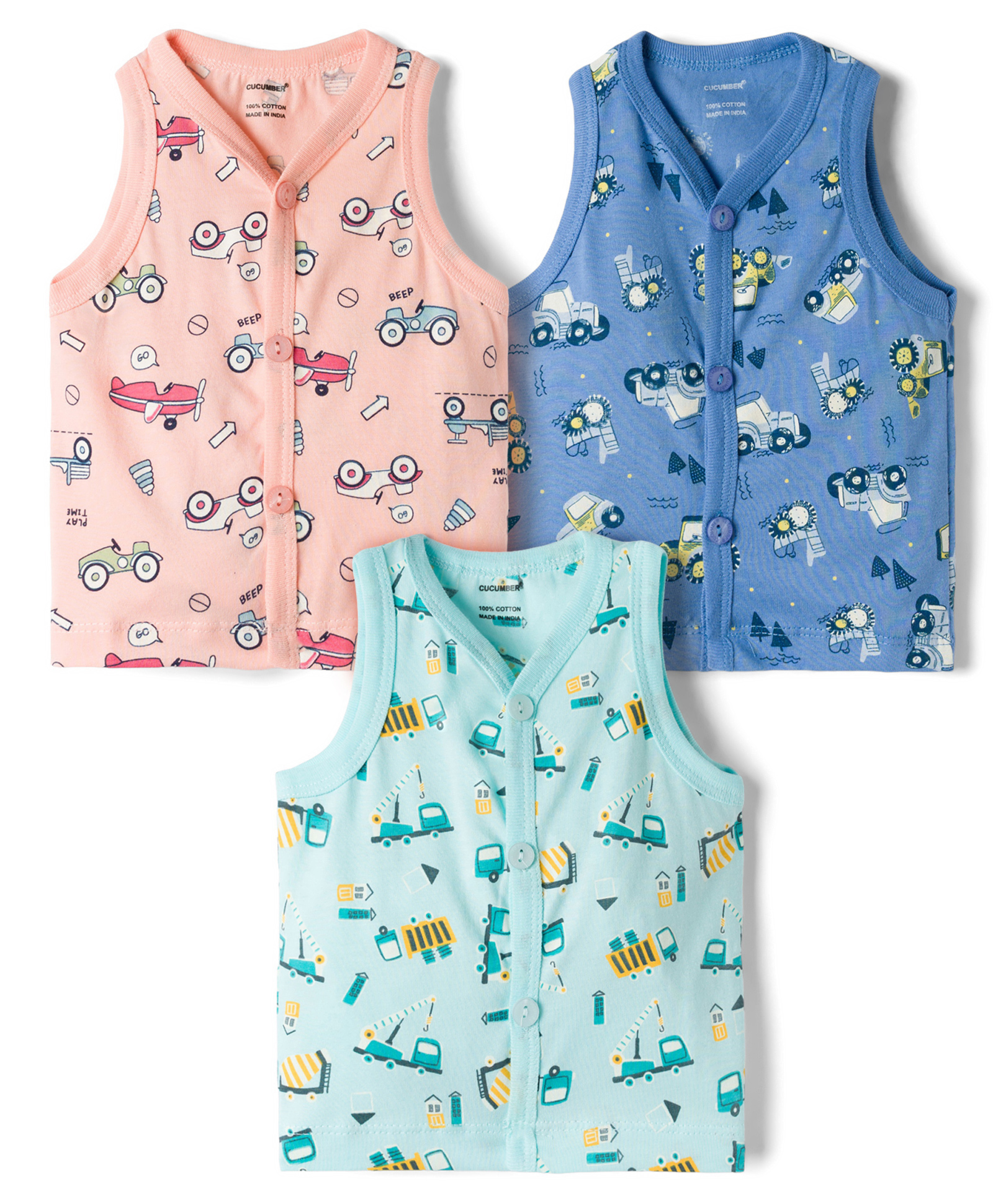 CUCUMBER Sinker Knit Sleeveless Jhablas with Car Print Pack of 3 - Pink & Blue-picture-13