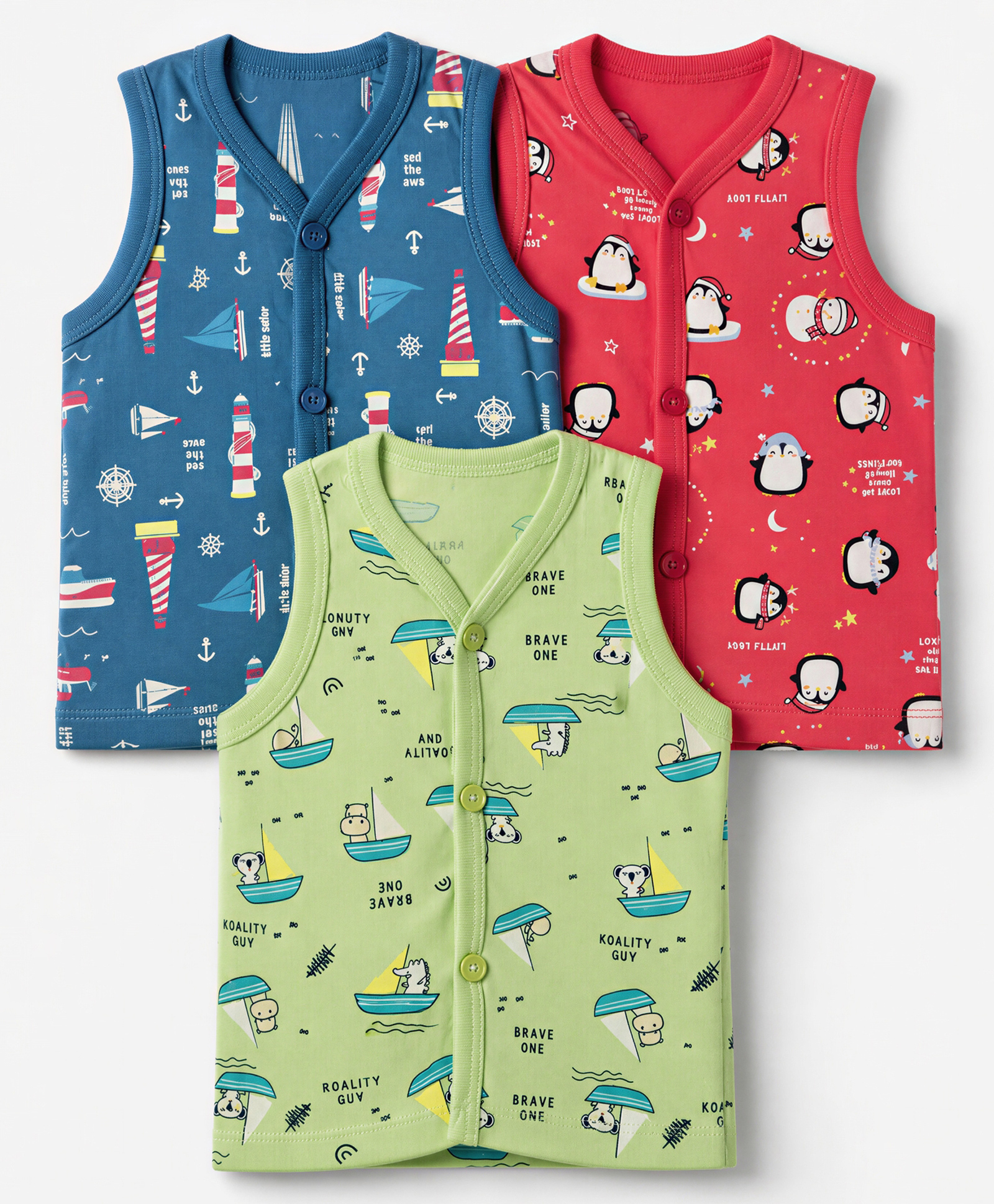 CUCUMBER Sinker Knit Sleeveless Jhablas with Bear Penguin & Boat Print Pack of 3 - Navy Red & Green-picture-10