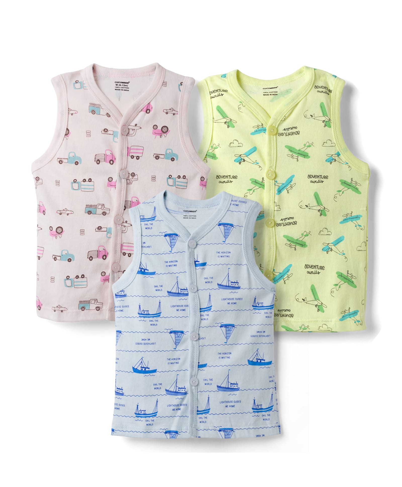 CUCUMBER Sinker Knit Sleeveless Car & Boat Printed Jhablas Pack of 3 - Light Pink & Light Blue-picture-22