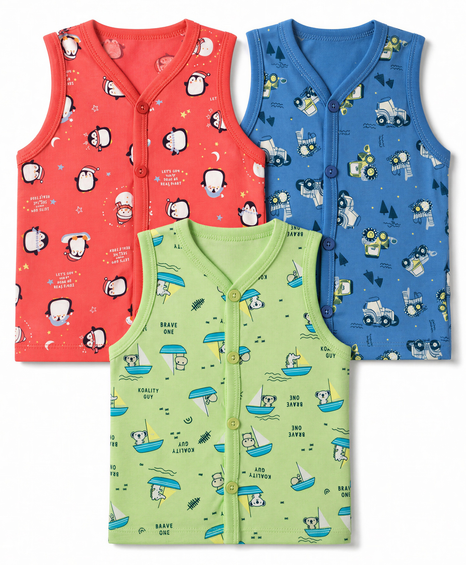 CUCUMBER Sinker Knit Sleeveless Penguin Boat & Car Printed Jhablas Pack of 3 - Navy Coral & Light Green-picture-34