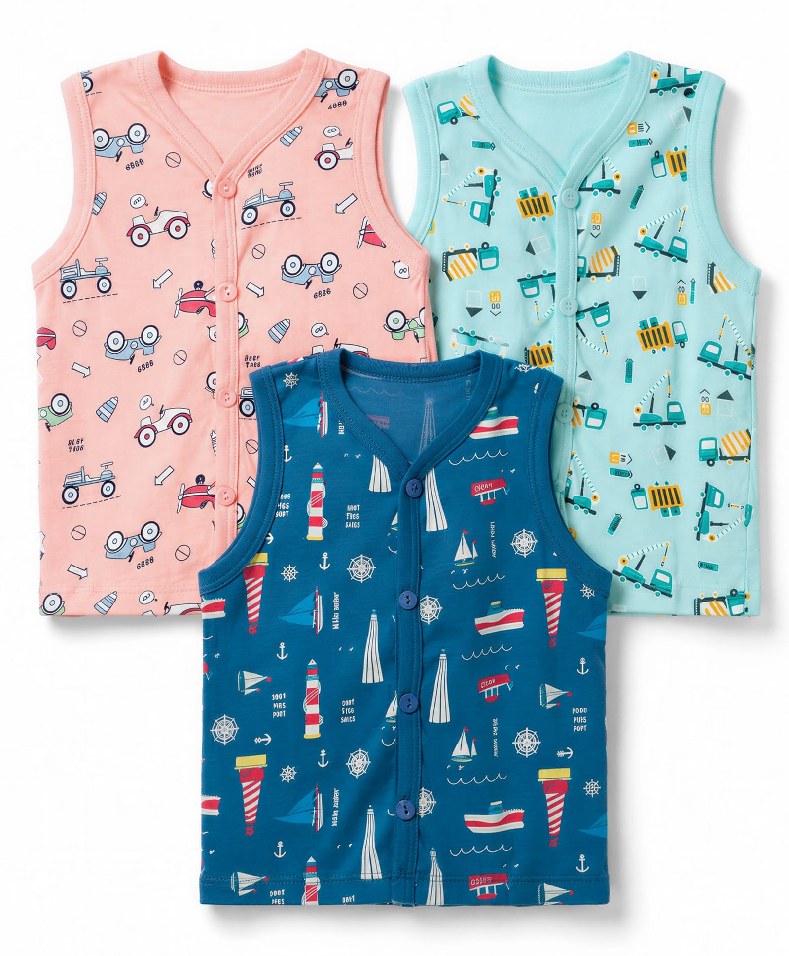 CUCUMBER Sinker Knit Sleeveless Boat & Car Printed Jhablas Pack of 3 - Pink Mint & Blue-picture-20