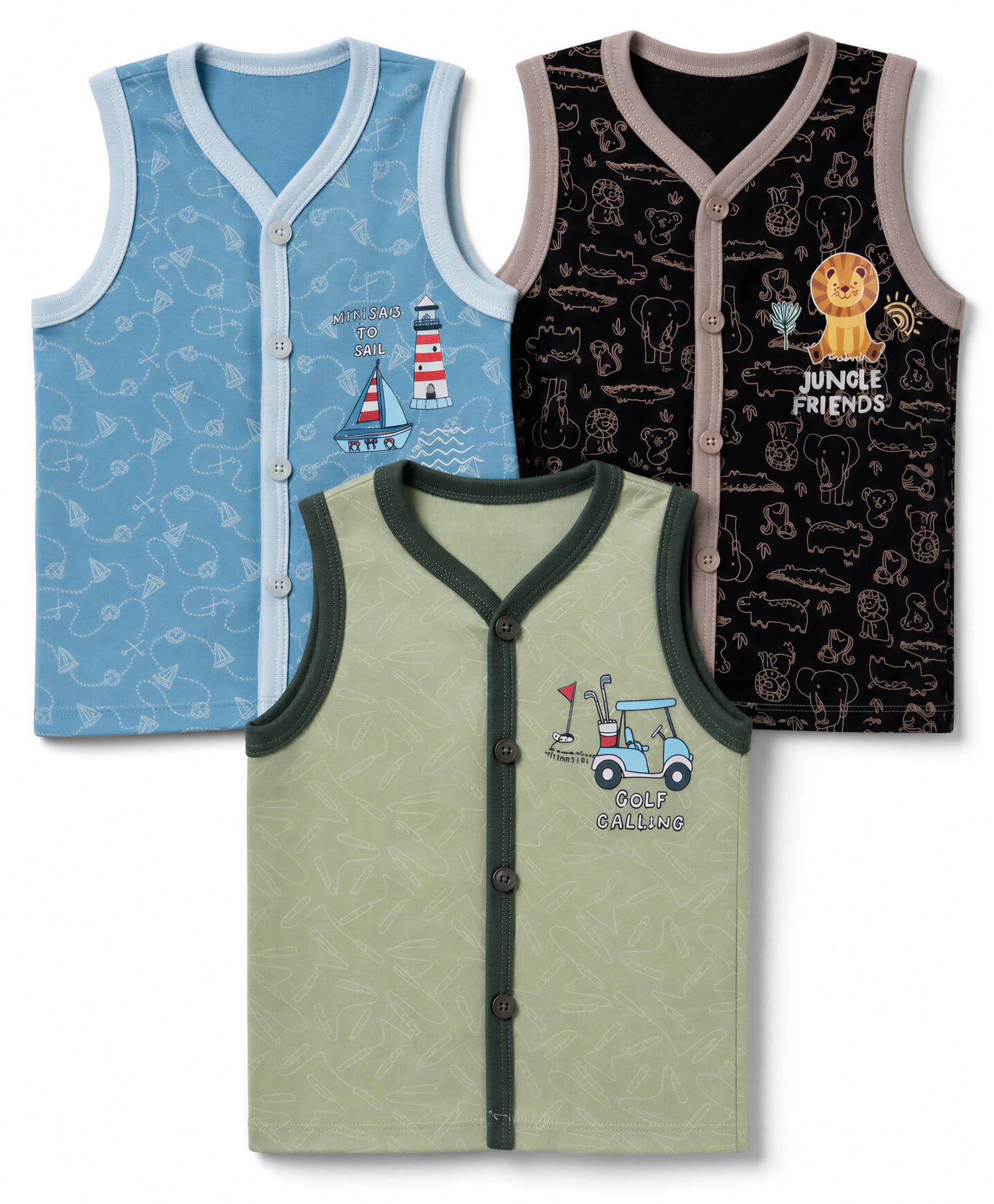 CUCUMBER Sinker Knit Sleeveless Jhablas with Nautical & Animals Print Pack of 3 - Blue Black & Olive-image-49
