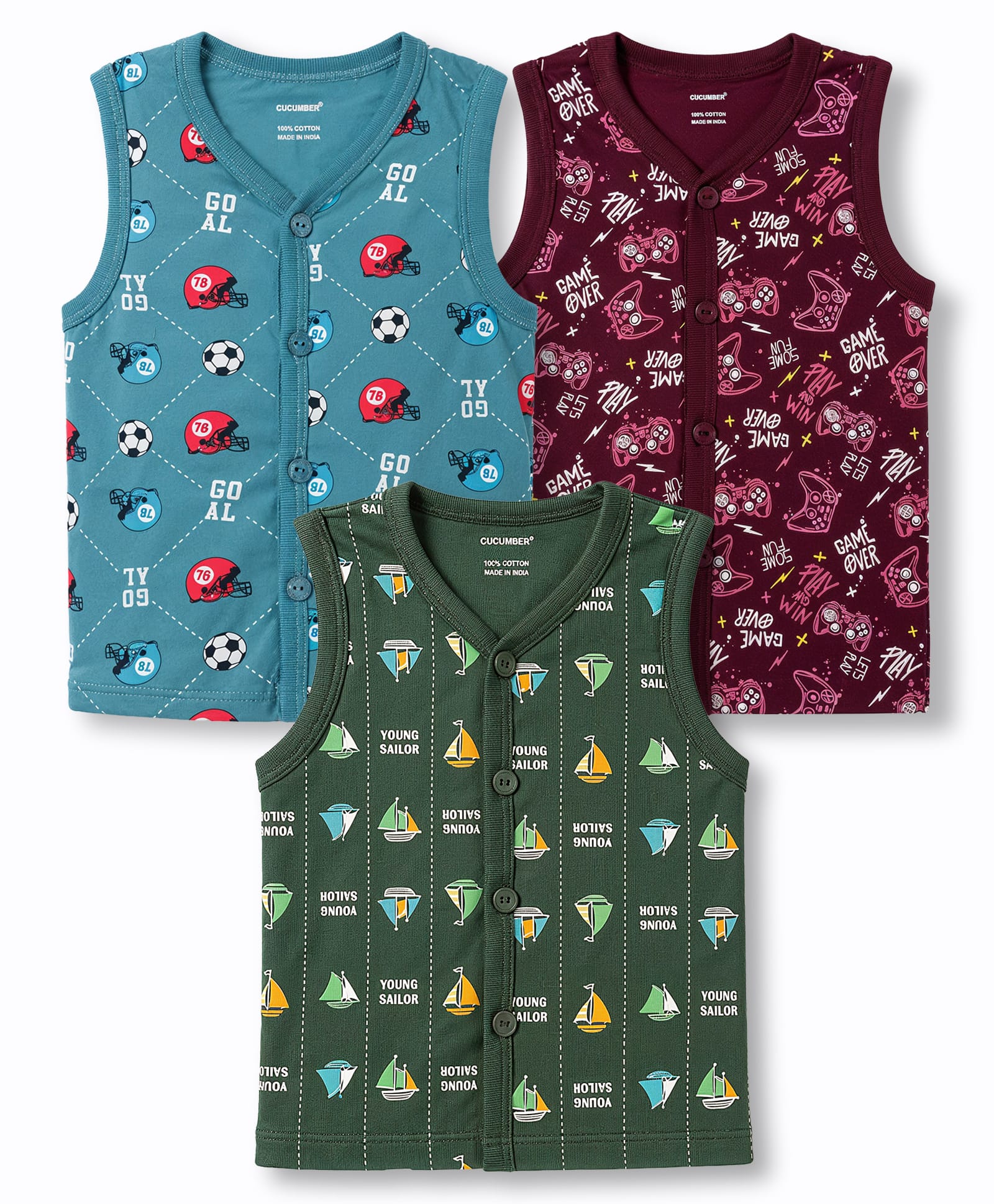CUCUMBER Sinker Knit Sleeveless Boat & Game Controller Printed Jhablas Pack of 3 - Green & Maroon-picture-20