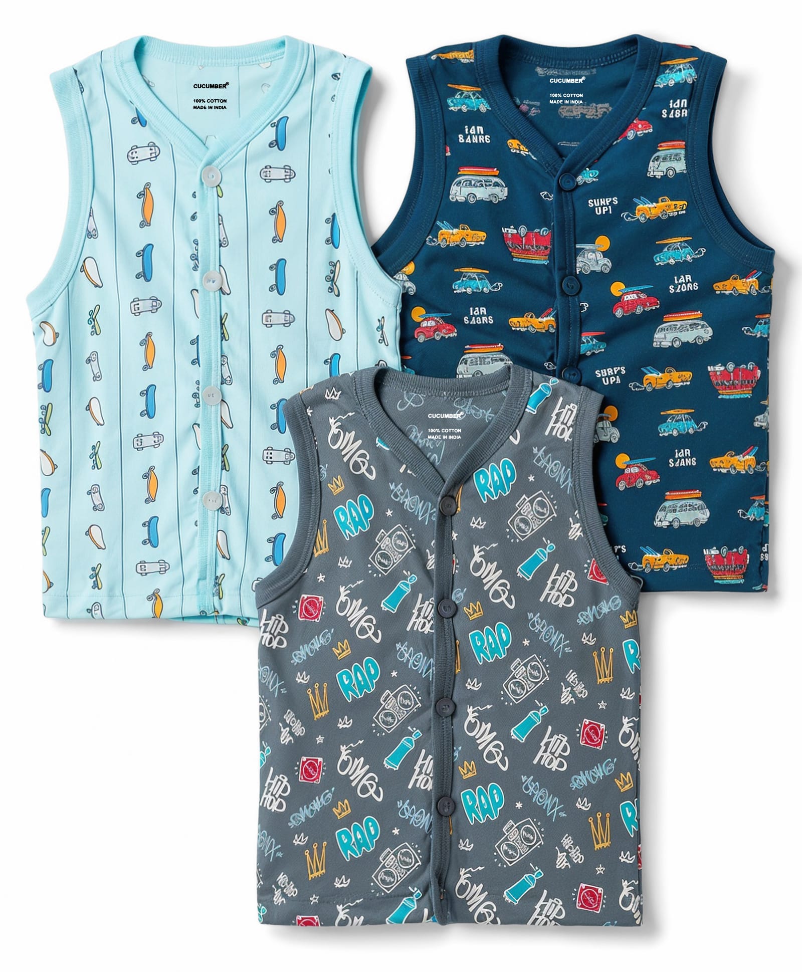 CUCUMBER Sinker Knit Sleeveless Car Printed Jhablas Pack of 3 - Aqua & Navy-picture-2