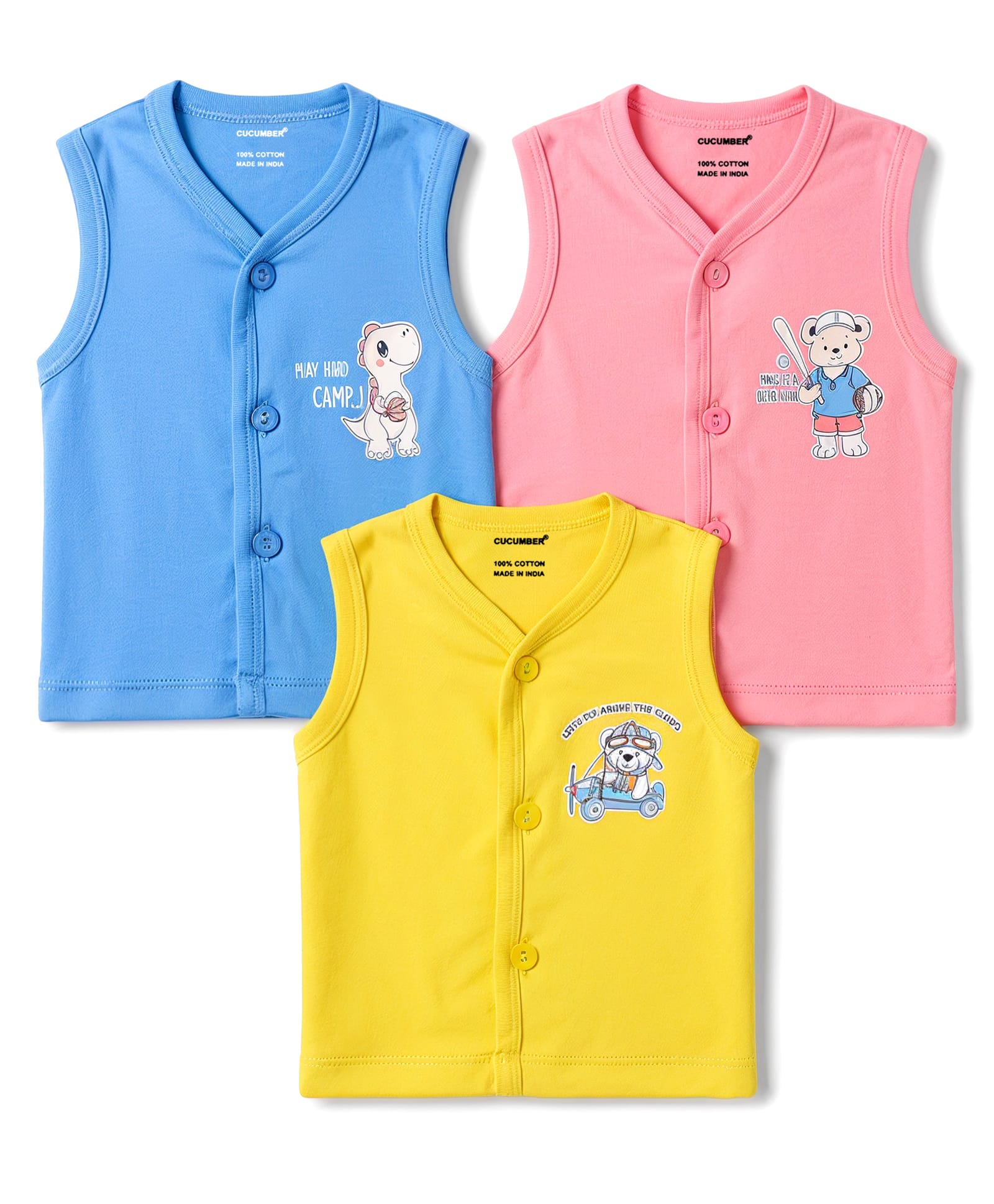 CUCUMBER Sinker Knit Sleeveless Bear Printed Jhablas Pack of 3 - Pink & Blue-image-26