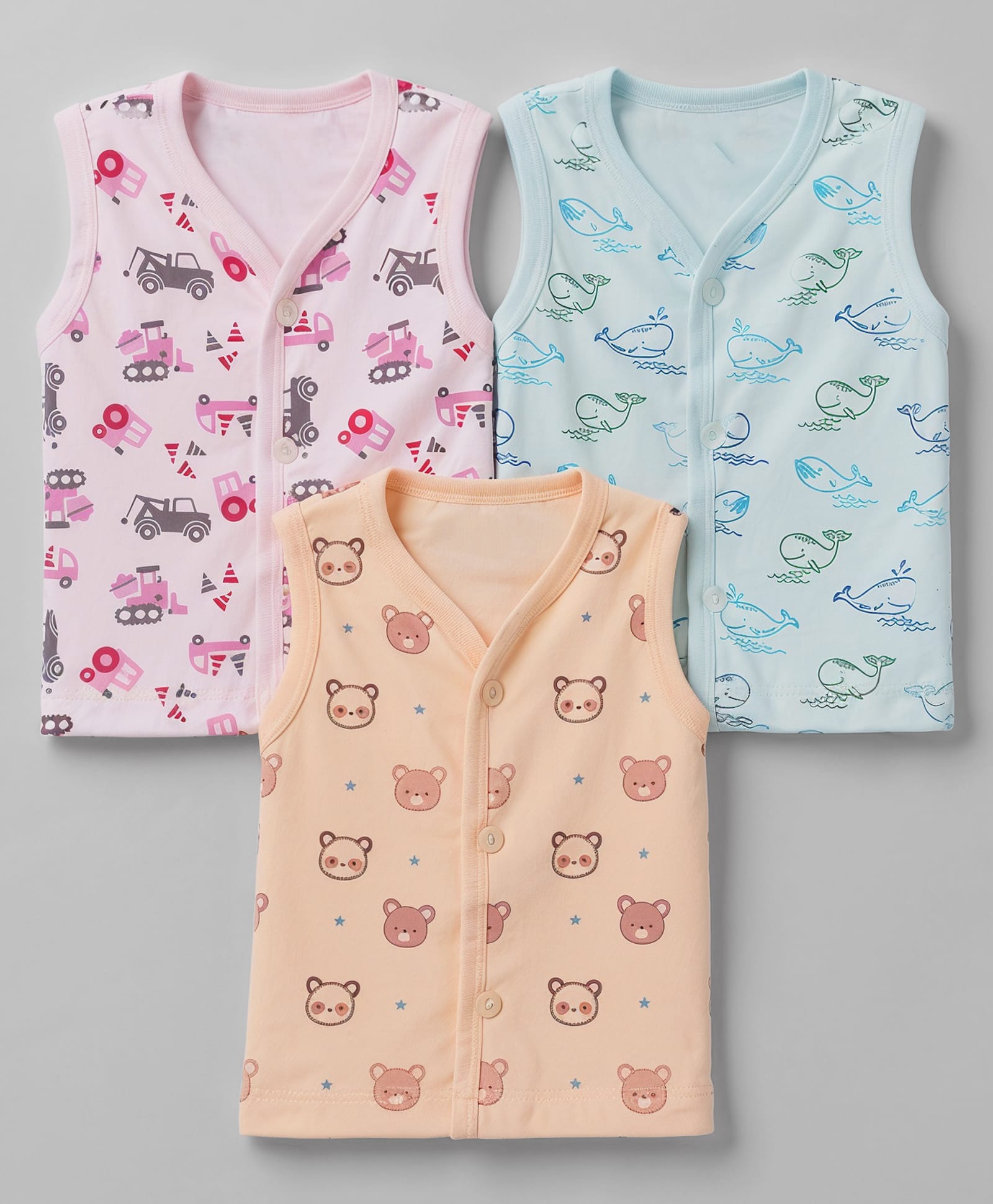 CUCUMBER Sinker Knit Sleeveless Jhablas with Bear & Whale Print Pack of 3 - Baby Pink Light Blue & Peach-picture-37