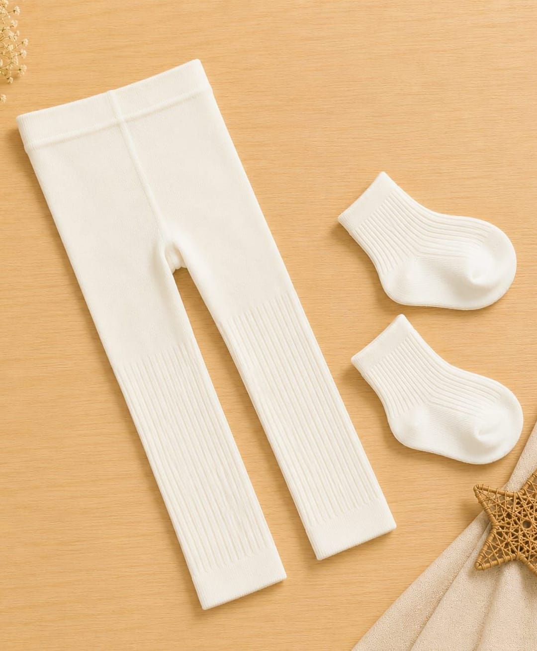 Kidofash Cotton Spandex Knit Solid Tights & Socks Set - Cream-picture-13