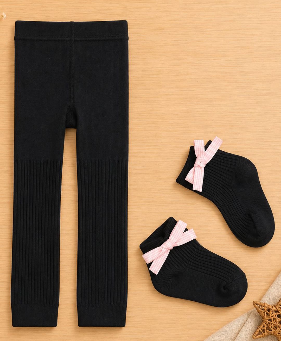 Kidofash Cotton Spandex Knit Solid Tights & Bow Applique Detailed Socks Set - Black-picture-13