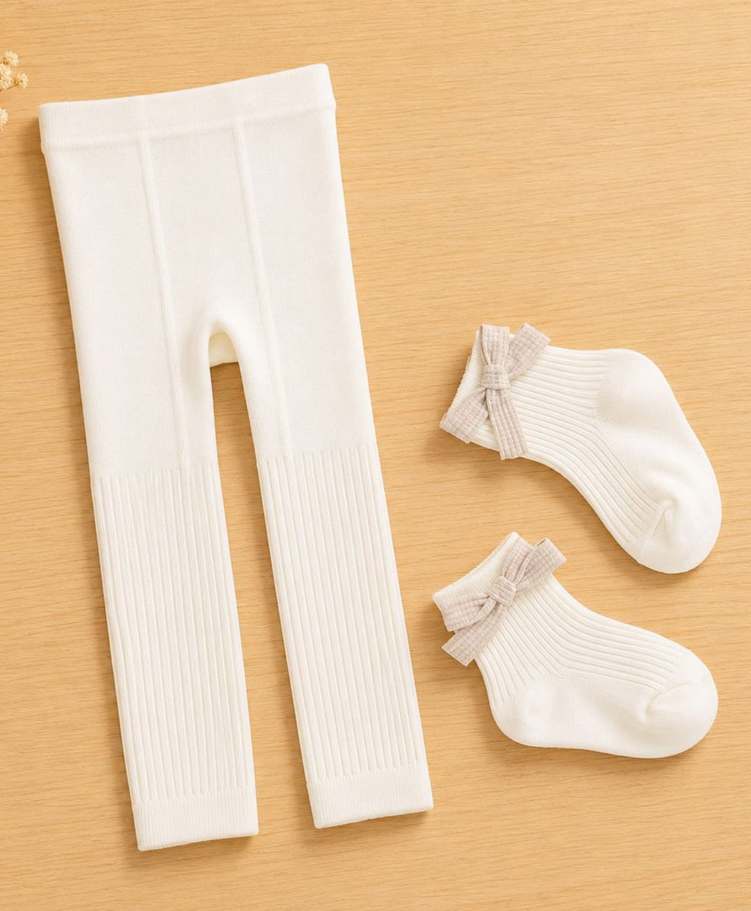 Kidofash Cotton Spandex Knit Solid Tights & Bow Applique Detailed Socks Set - Cream-picture-22