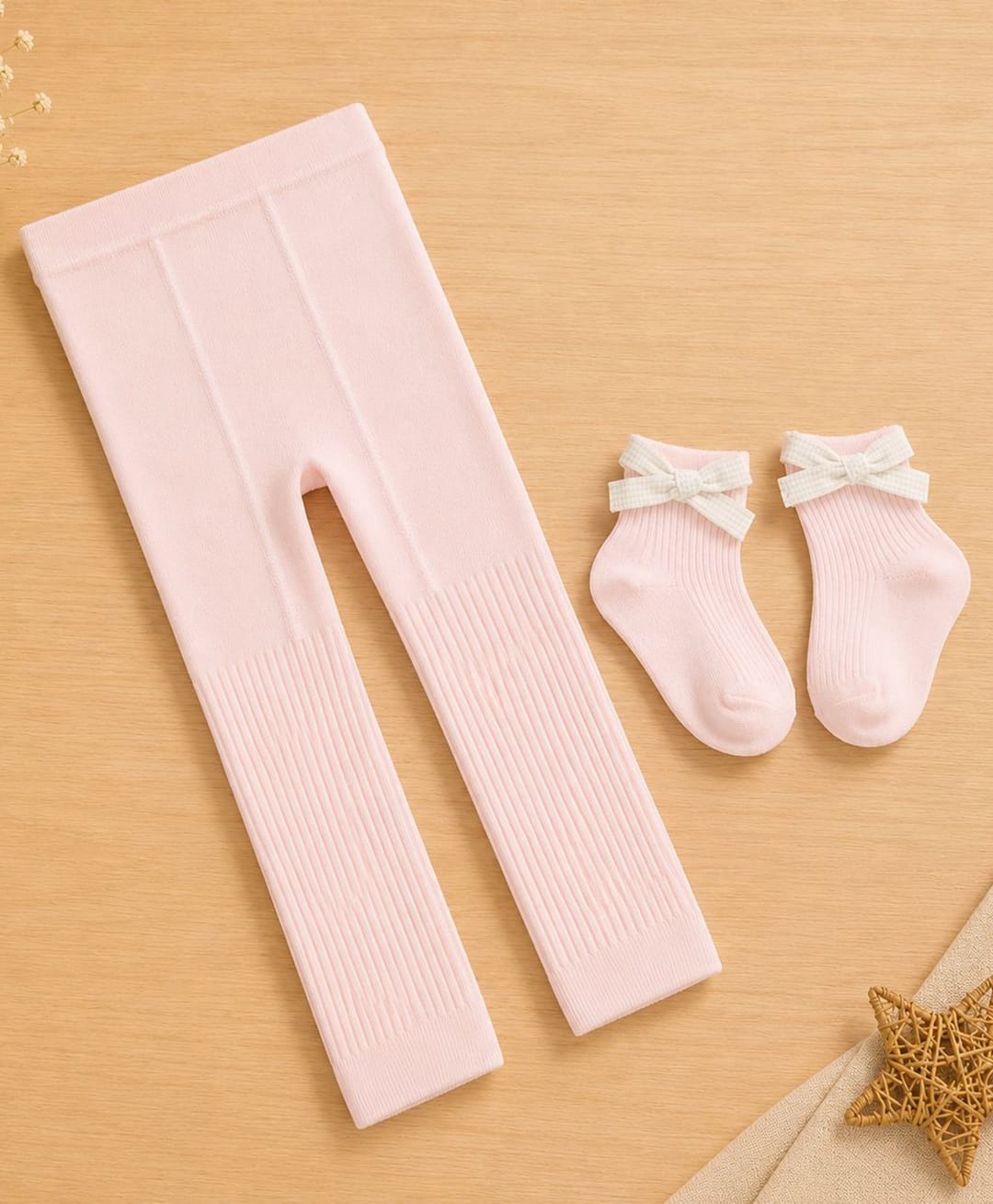 Kidofash Cotton Spandex Knit Solid Tights & Bow Applique Detailed Socks Set - Pink-picture-23
