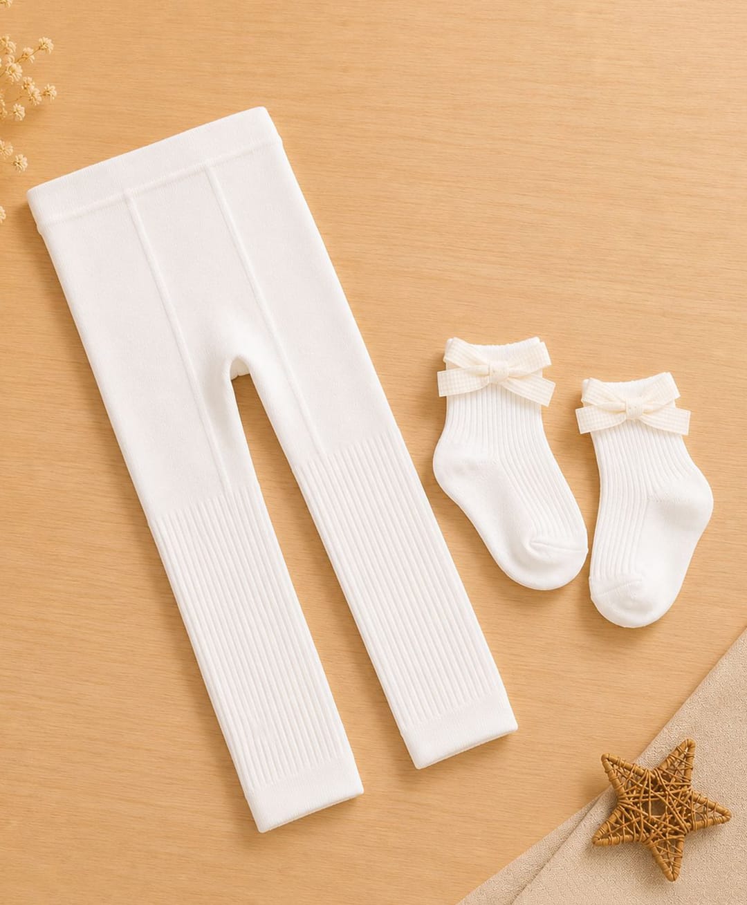 Kidofash Cotton Spandex Knit Solid Tights & Bow Applique Detailed Socks Set - White-image-1