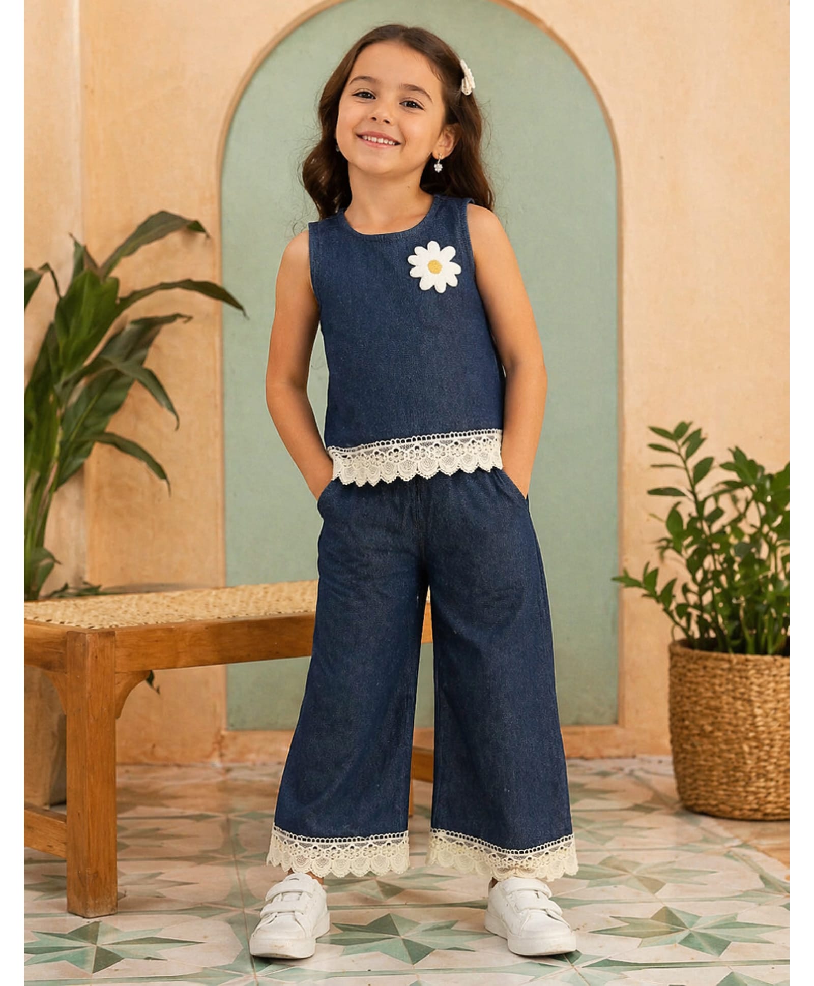 Superminis Denim Knit Sleeveless Lace Embellished Floral Applique Detailed Top & Palazzo Set - Blue-image-29