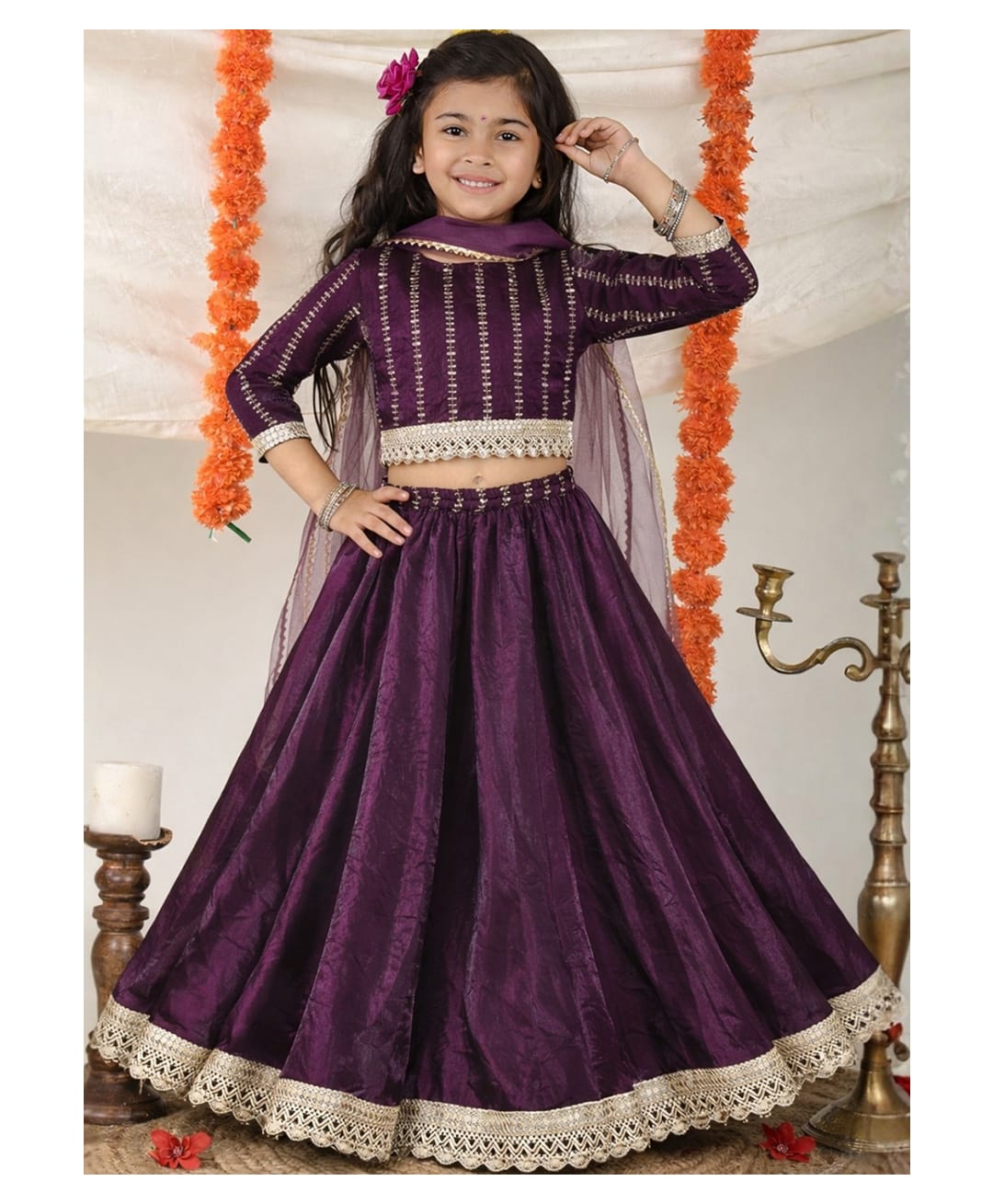 Superminis Silk Woven Three Fourth Sleeves Lace Embellished Lehenga Choli Set - Purple-picture-48