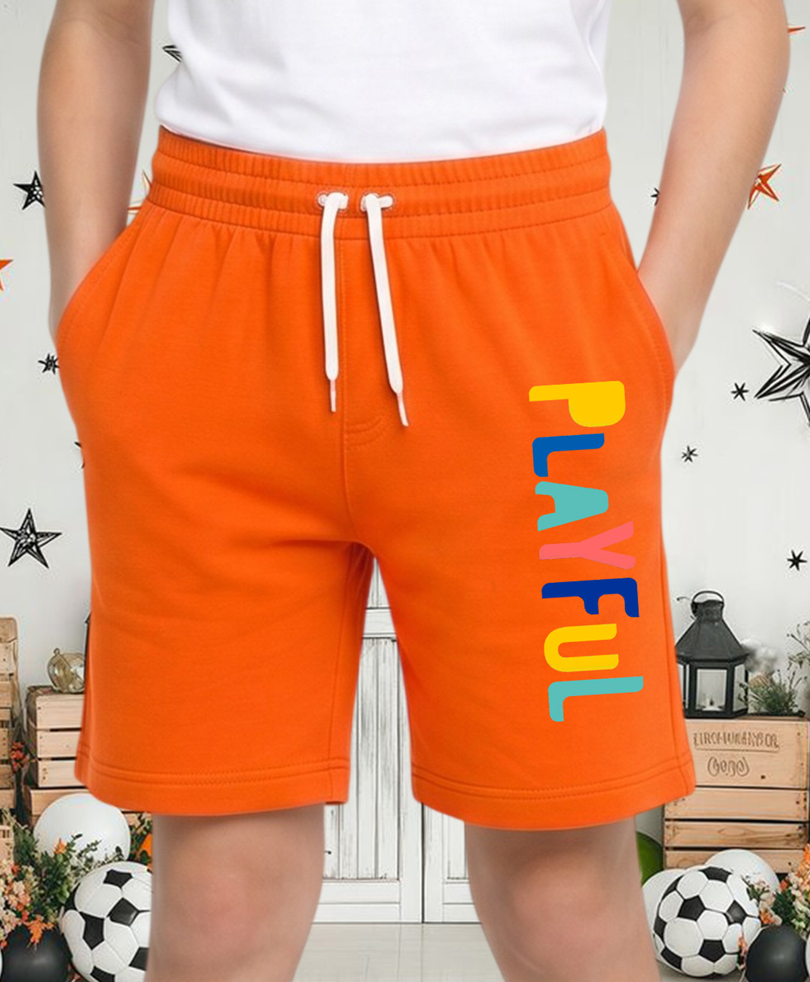 NUSYL Cotton Blend Knit Playful Text Printed Shorts - Orange-picture-25