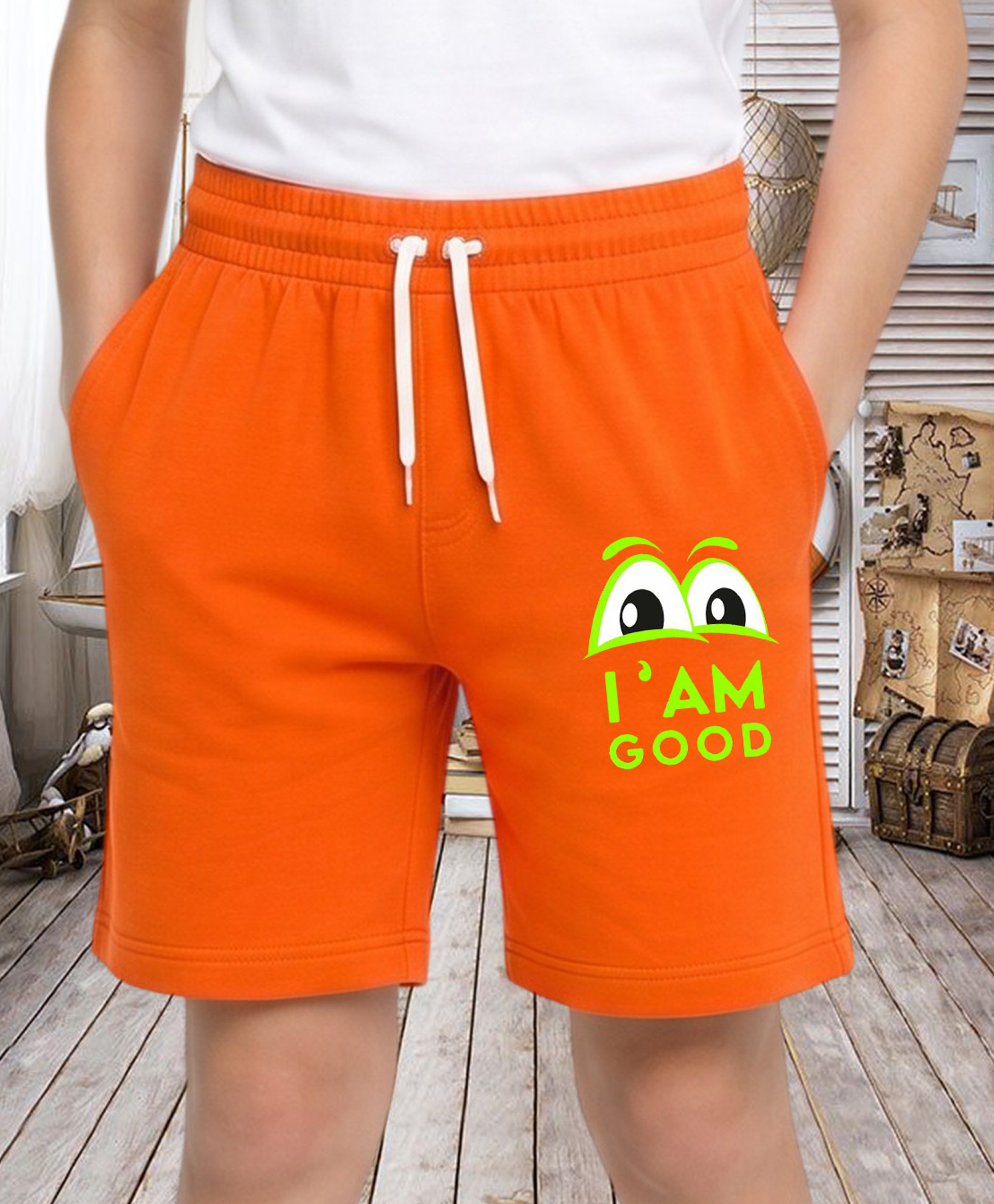 NUSYL Cotton Blend Knit I Am Good Text Printed Shorts - Orange-picture-14