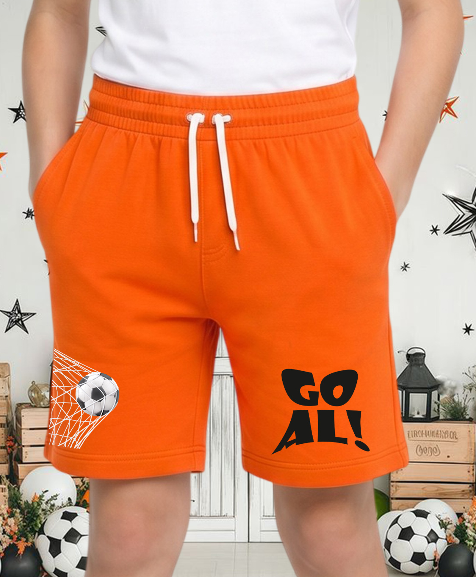 NUSYL Cotton Blend Knit Football & Goal Text Printed Shorts - Orange-picture-14