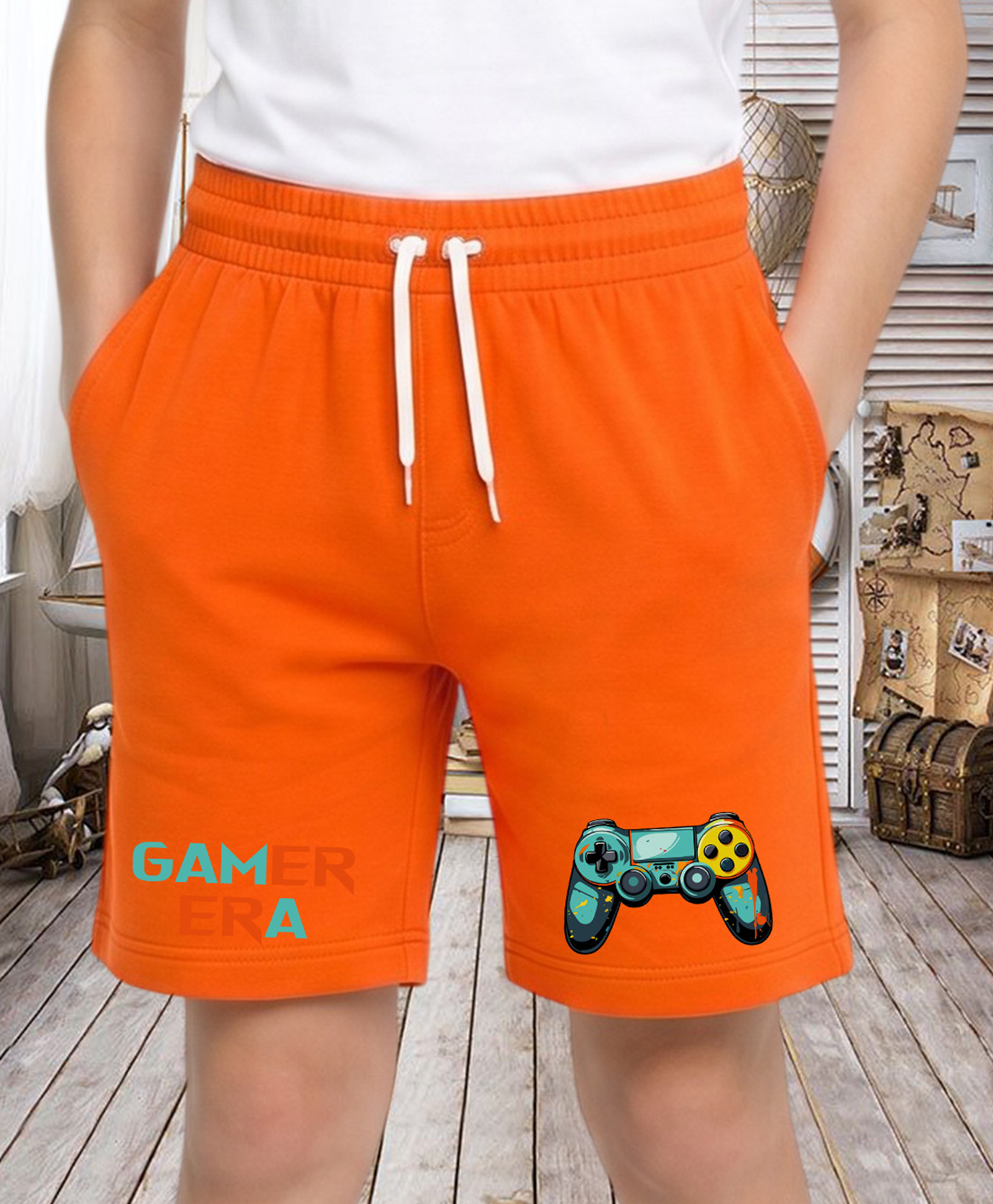 NUSYL Cotton Blend Knit Gamer Era Text Printed Shorts - Orange-picture-20