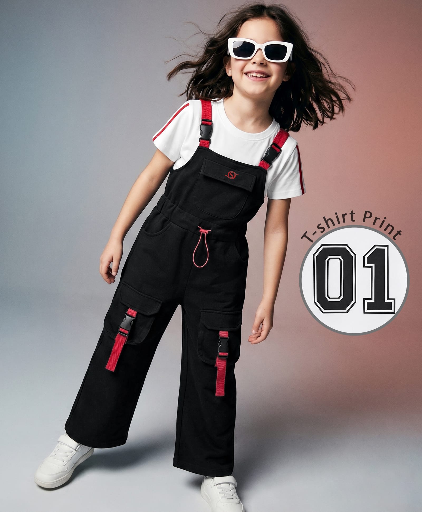OLLINGTON ST. Single Jersey Knit Full Dungaree with Half Sleeves Printed Inner Tee - Black & White-image-32